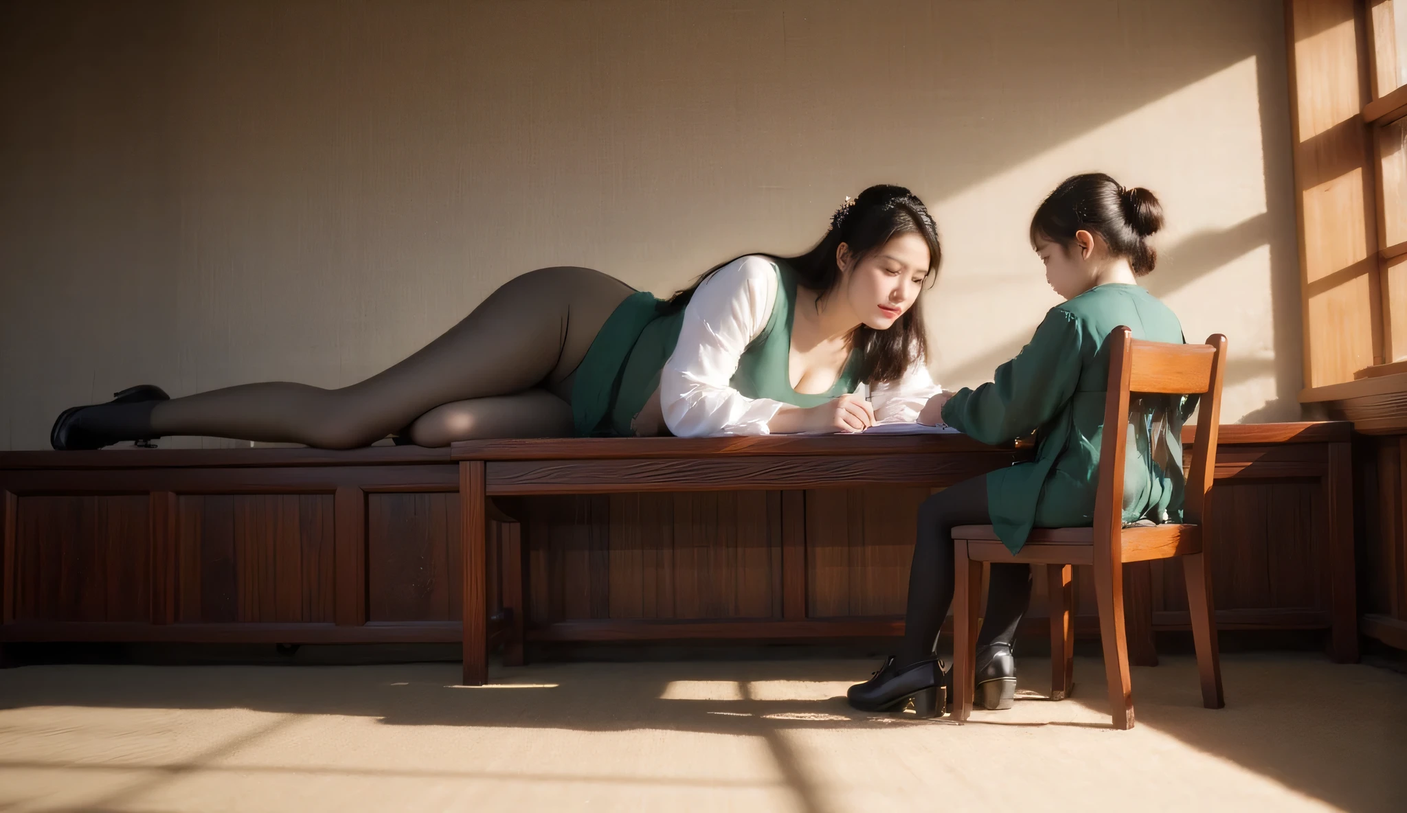 This is a high-definition photo of a distant view taken from the side,The person in the photo is wearing a Hanfu,black pantyhose,high heels,Middle-aged woman with long black hair lying on a table tutoring her daughter who is in elementary school with her homework,Her daughter is wearing a school uniform and doing it on a chair。