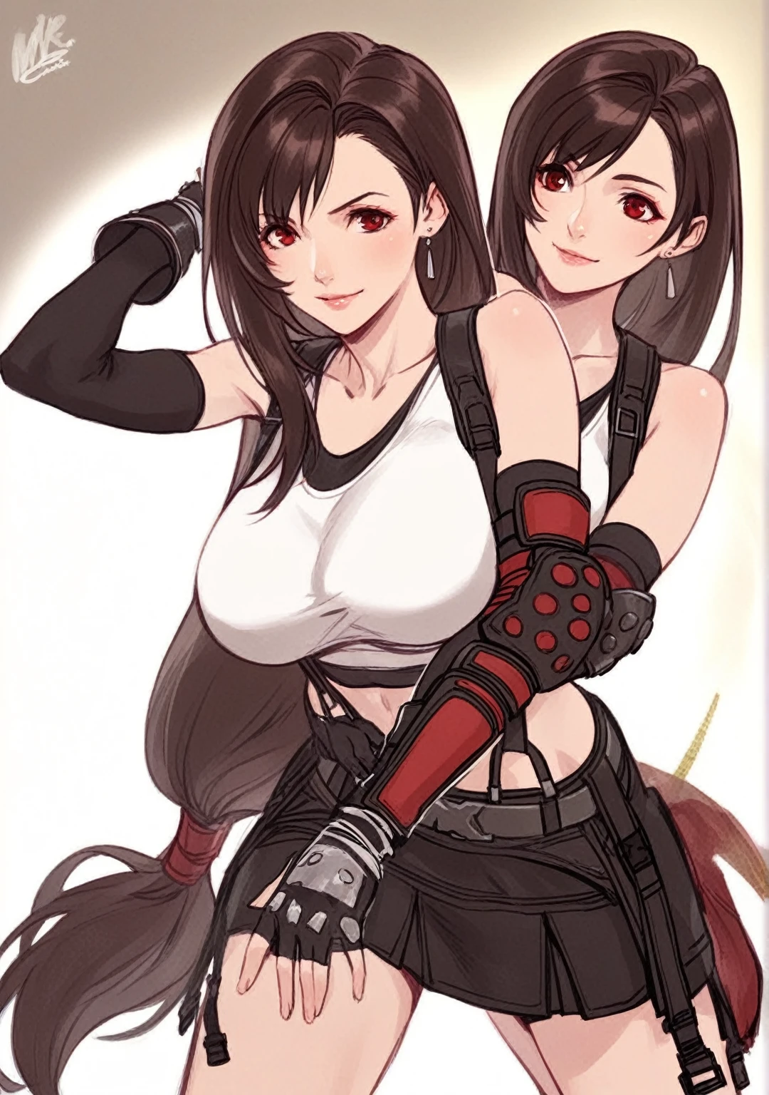 mother and daughter, age_difference, two girl, masterpiece, best quality, very aesthetic, absurdres, ,tifa lockhart, final fantasy, long black hair, red eyes, white crop top, elbow pad, fingerless gloves, suspenders, white tshirt, short skirt, miniskirt, pencil skirt,in balcony,surrounding by flowers,falling_petals, petals,,
