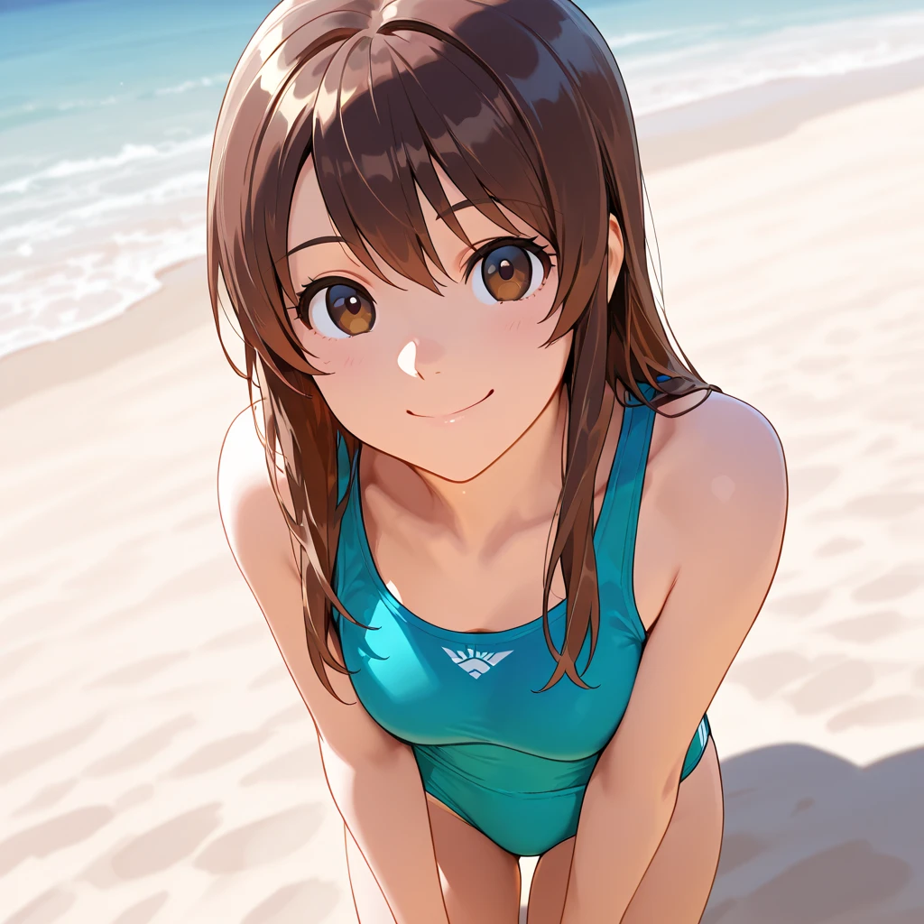 10 years old,Girl,,Flat Chest,Sports Bra,Small white panties,Highest quality、High resolution、Detailed Background、Beautiful face in every detail、Teenage Beauty、Cute hair colour、Brown Hair、Black Hair、Shortcuts、Big smile、boost mood、 Summer sun、Shining Sea
