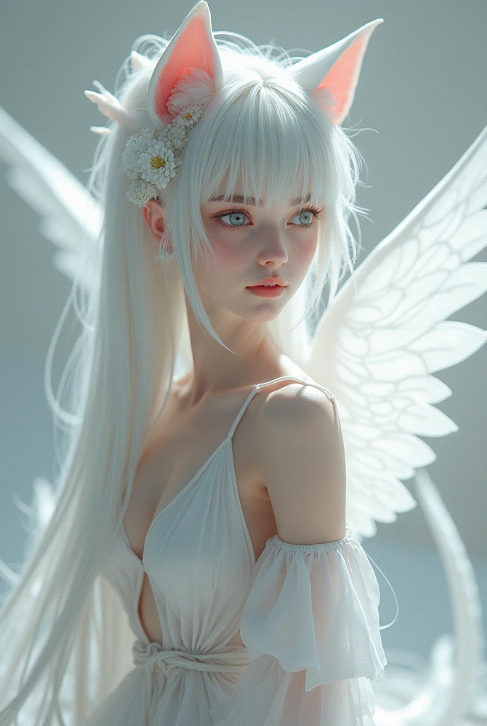 portrait of a girl standing in the flowers, dark blue and white rose, white eyes, black long hair, Ukraine girl, white tone color, realistic, close shot, skinny, round breasts, narrow pelvis, athletic body, cute girl, 10 years old, child's body, with black feather wings, long slim legs, silk dress, sit down