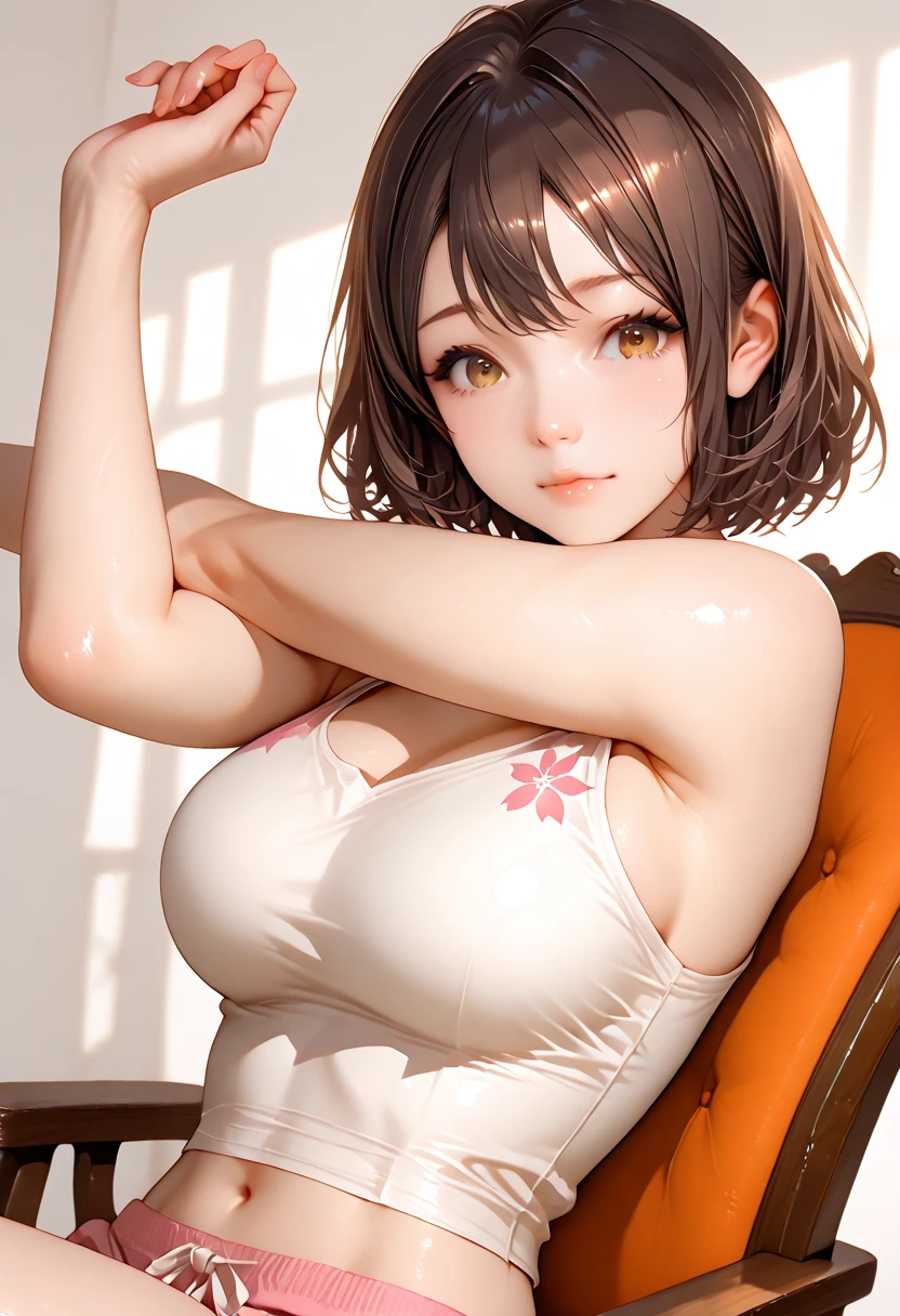 araffe asian woman in a tan top and white panties standing by a window, soft natural lighting, captivating and enticing, sexy girl, beautiful feminine body, waist - shot, 1 8 yo, posing in a bedroom, alluring, soft backlight, wearing white camisole, next to a window, close up half body shot, seductively looking in front