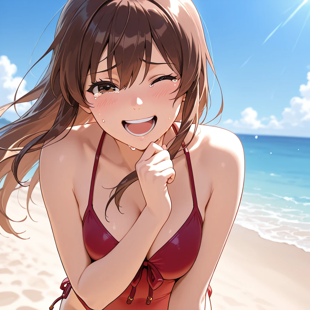 ((high quality colour line art)), (highly detailed), ((boy fucking cute girl doggy style)), ((doggy style)), (((small breasts))), singing, looking at viewer, (((half-closed eyes))), necklace, (((sunny beach))), tanned skin, ((((untied striped bikini)))) (((anatomically correct))), (very long red hair); ((sperm drooling out of mouth)), ((lots of sperm)), (wet)