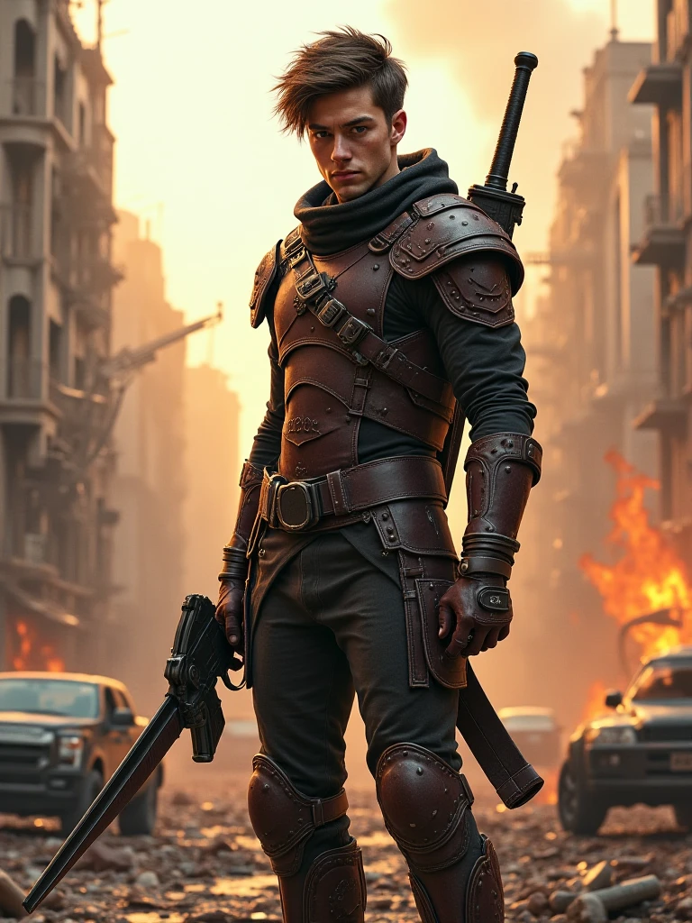 A warrior boy walking down a road in an apocalyptic city