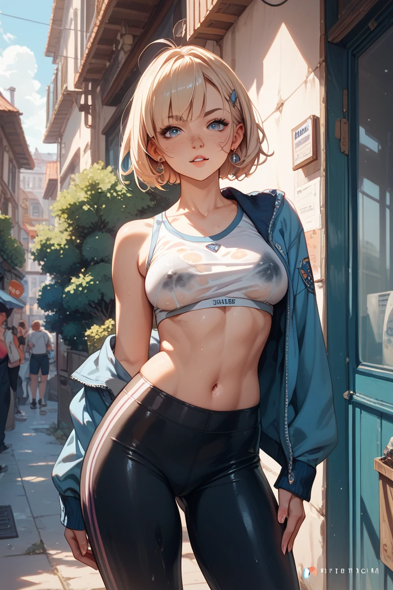 1girl, short blond hair with 2 buns, cropped shorts, (flat chest:1.2), skinny body, loose white cropped t-shirt with printed text, walking in the street