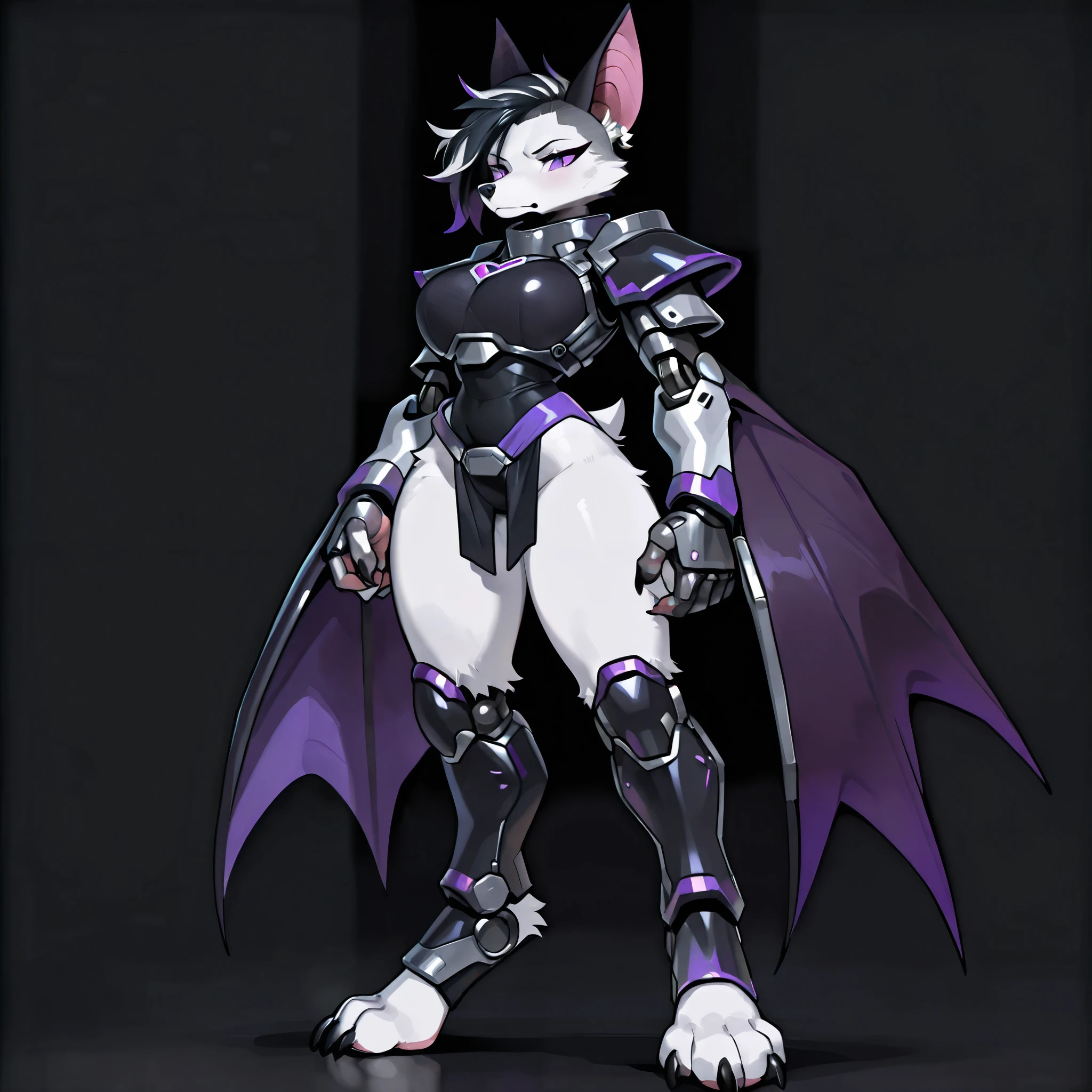 anime style, masterpiece, best quality, simple shading, full body picture, centered, three quarter view, 1girl, anthro, furry, fox female, ((white fox)), ((bat ears:1.5)), purple eyes, white fur, white skin, ((shoulder length black hair with purple highlights, undercut, undercut hair)), standing, large chest, tall with large breasts, bulky legs, black and purple wings, large dragon wings, white paws, black claws, black nose, digitigrade legs, digitigrade paws, big foot paws, ((wearing black robot armor with purple trim)), ((solid black background)), score_9_up, score_8_up, score_7_up, score_6_up, score_5_up, score_4_up, (safe content),
