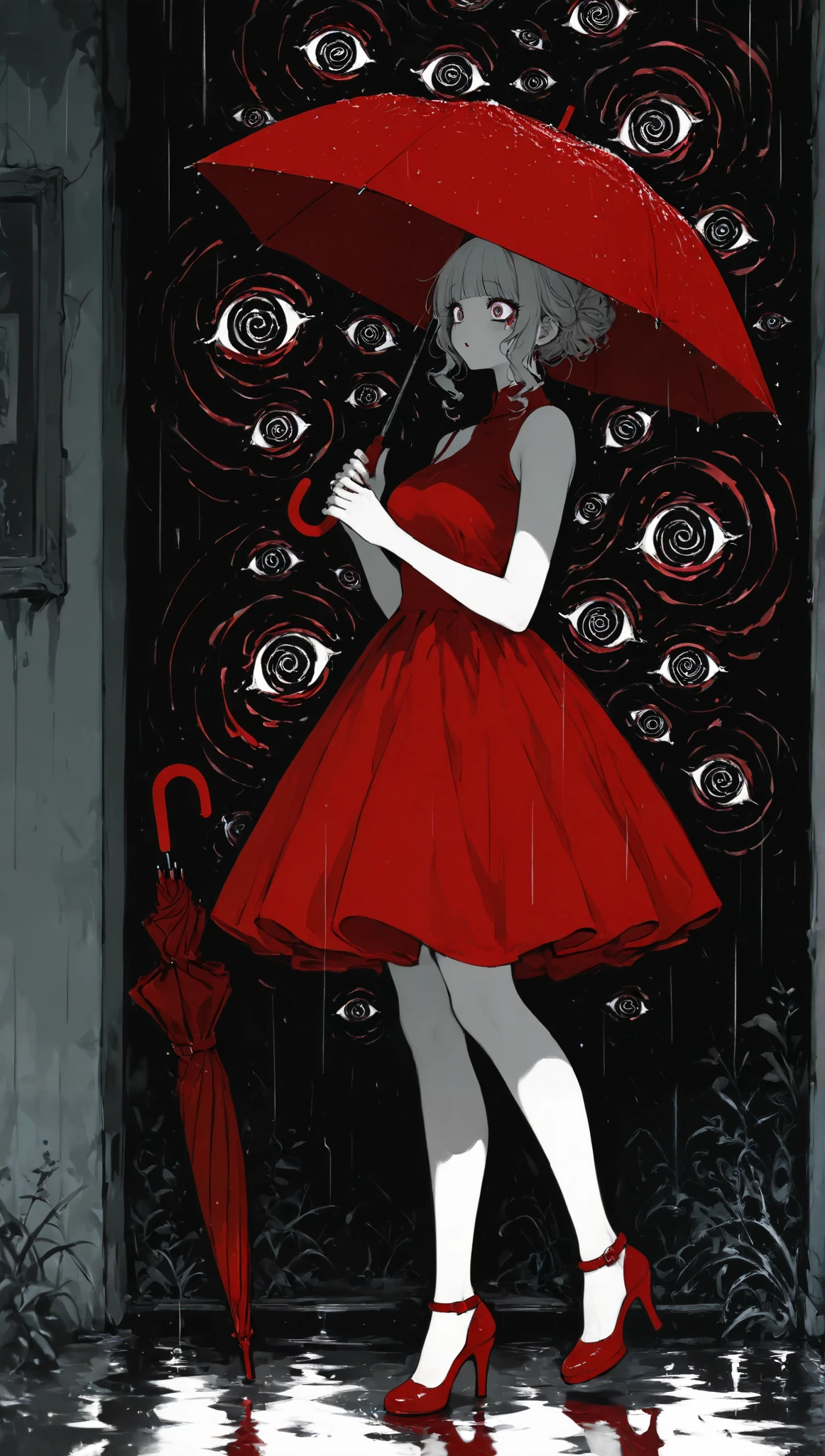 Line art,spiral eyes , red dress, umbrella,Lluvia roja, red heels