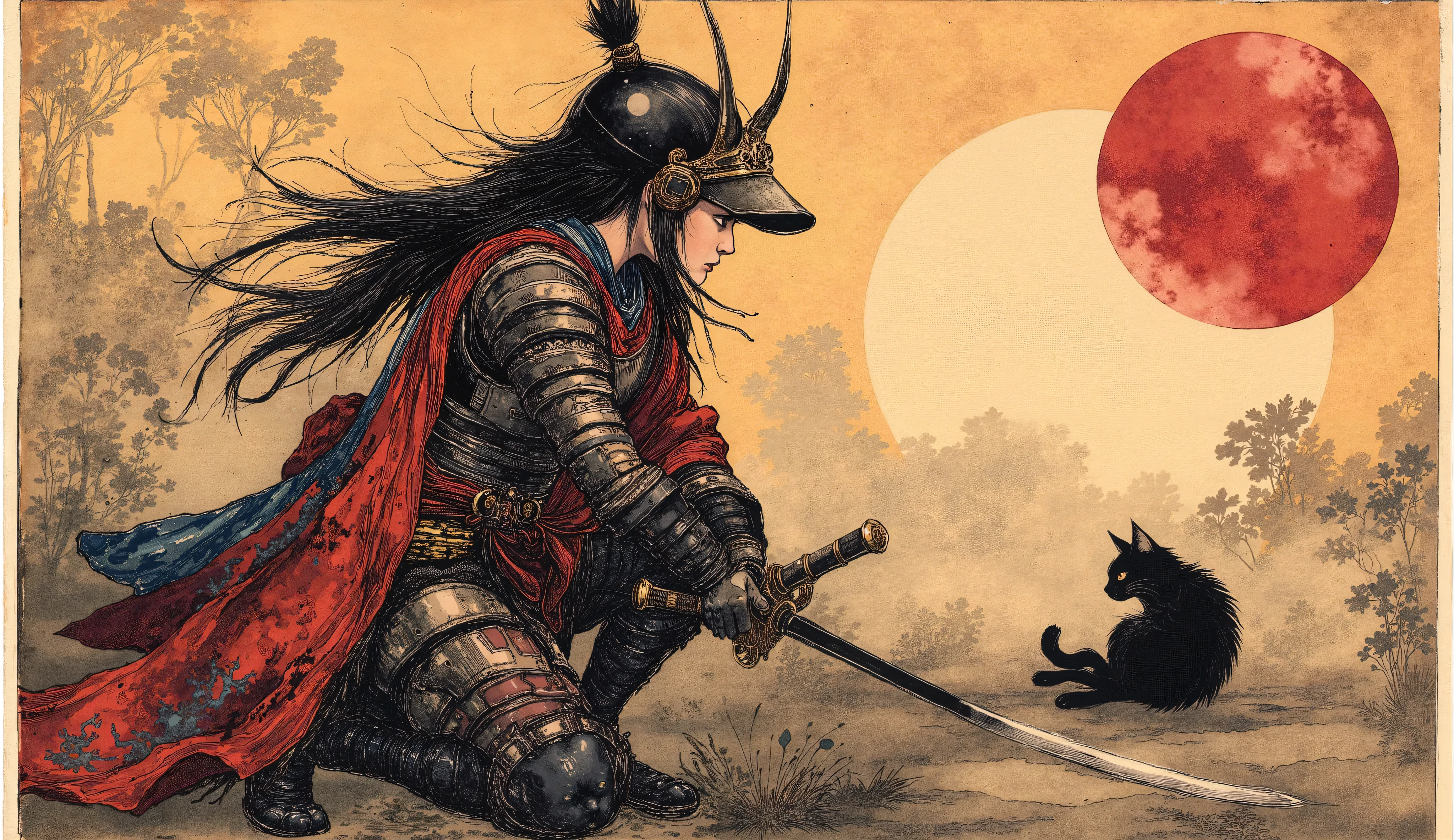 ((masterpiece:1.2)), (( top quality:1.2)), cyberpunk samurai girl , , ( wears samurai armor and helmets :1.2), (( long dark hair)), ((full body:1.6)), ((Equipped with a Japanese sword:1.5)), (dramatic pose:1.2), ([low angle:1.2), (underneath:1.2), ( Black cat sitting on the ground :1.5), ( Get connected ), Utagawa Kuniyoshi