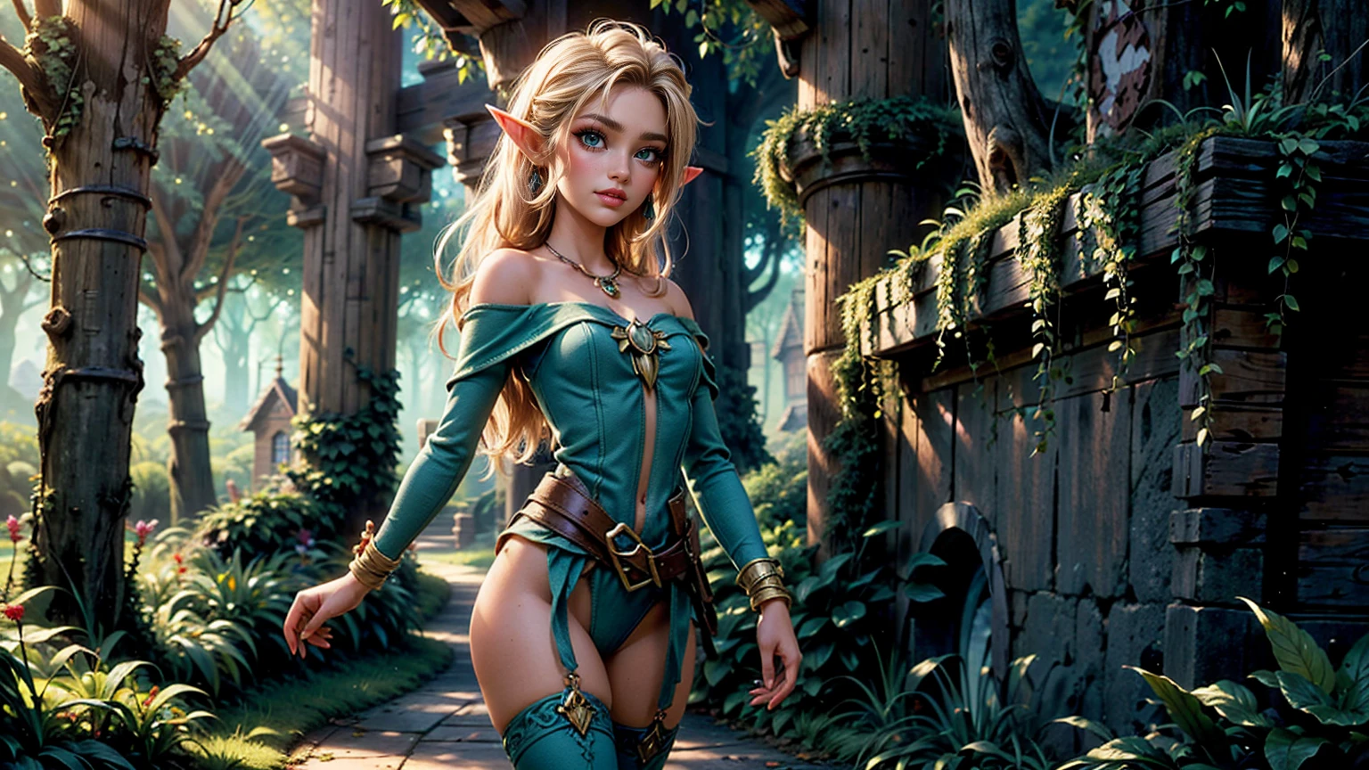 ANI_CLASSIC_deedlit_ownwaifu www.ownwaifu.com,(extremely detailed fine touch:1.2) Elf (natural light, sun light, light rays, dappled light, ray tracing:1.2), mature female , masterpiece, ultra best quality, ultra highly quality , elf pointy ears, blonde hair, long hair, circlet, green eyes, long pointy ears, very long hair, breasts, medium breasts, earrings, lips, makeup, bangs, cape, armor, blue cape, shoulder armor, pauldrons, gloves, breastplate, belt, green dress, short dress, looking at viewer, blush, open mouth, standing, (Masterpiece, extremely detailed CG, sharp line),deedlit, offcial art, Colorful, Beautiful Japanese anime style,Extremely detailed eyes and face,Sharp pupils,realistic pupil,In the woods、cabellos largos dorados,Black lace panties,Slender thighs, varies multi etc. --v 6 --s 1000 --c 20 --q 20 --chaos 100