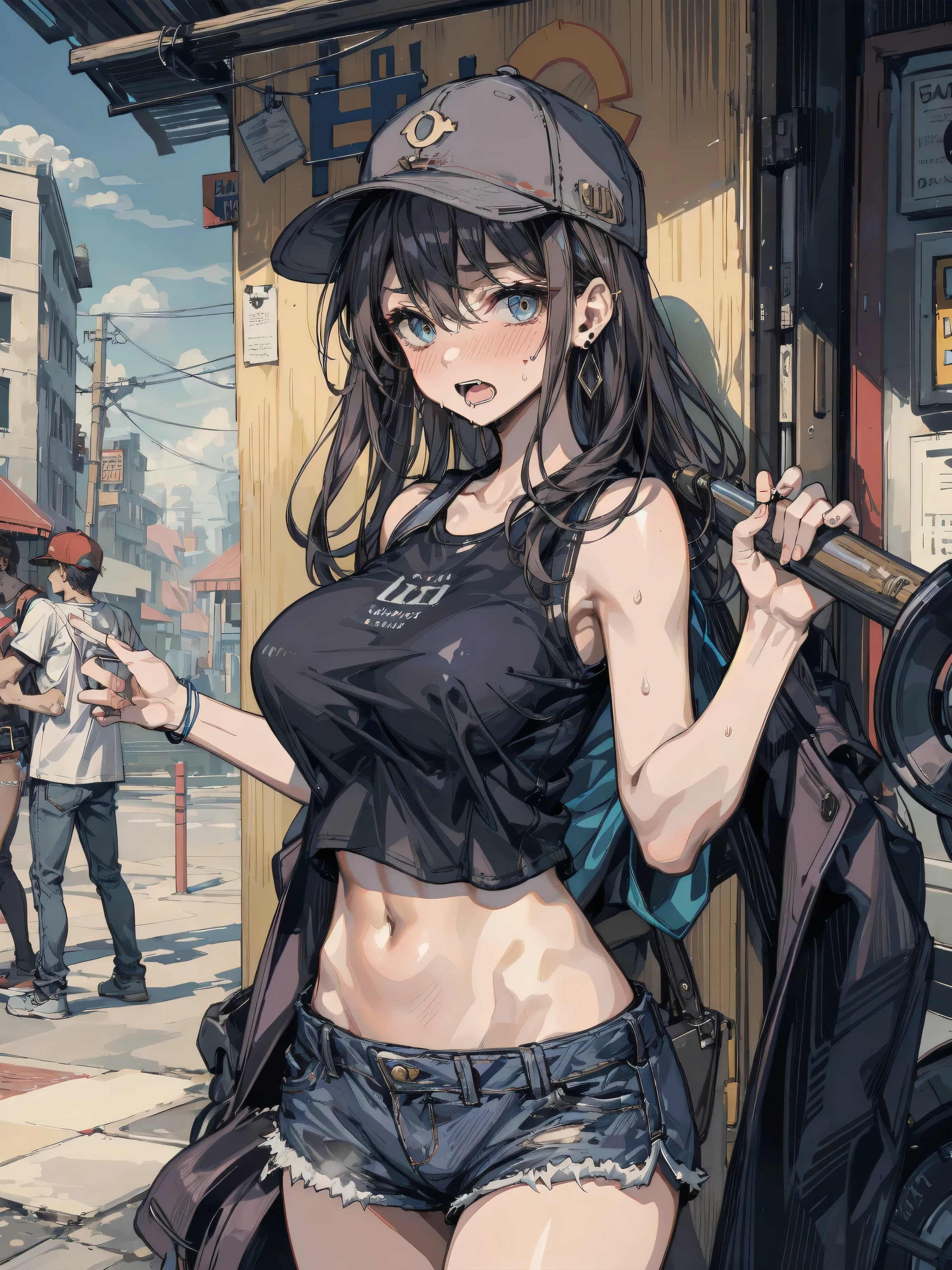 ideal ratio body proportions, perfect anatomy, correct body, earring, huge breasts, medium hair, black hair, eye rolling, drooling, with tongues, saliva, open mouth, blush, sweat, embarrassed, steaming body, heavy breathing, female orgasm, trembling, sexy, erotic, seductive, Sensual, adult body, sweat, looking at viewer, cowboy shot, outdoor, baseball cap, black tank top shirt, crop top, shorts,