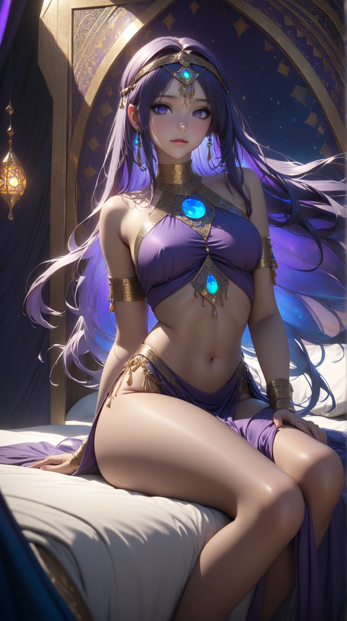 (Realistic and detailed body and skin), (moonlit oasis:1.1), (gorgeous female genie:1.2), rises from the (shimmering pool), bathed in a radiant glow, (detailed face and eyes:1.2), (flowing robes of blue and purple hues), adorned with shimmering crystals and pearls, dance around her as she floats above the water, arcane symbols hang in the air, casting a faint glow, (orbs of light weave intricate patterns around), with serene eyes, she exudes an aura of mystery and magic, (detailed hand and finger:1.2), (medium breasts:1.2), (busty), (deep cleavage:1.2), (labia outline:1.3), (hard teat:1.3).