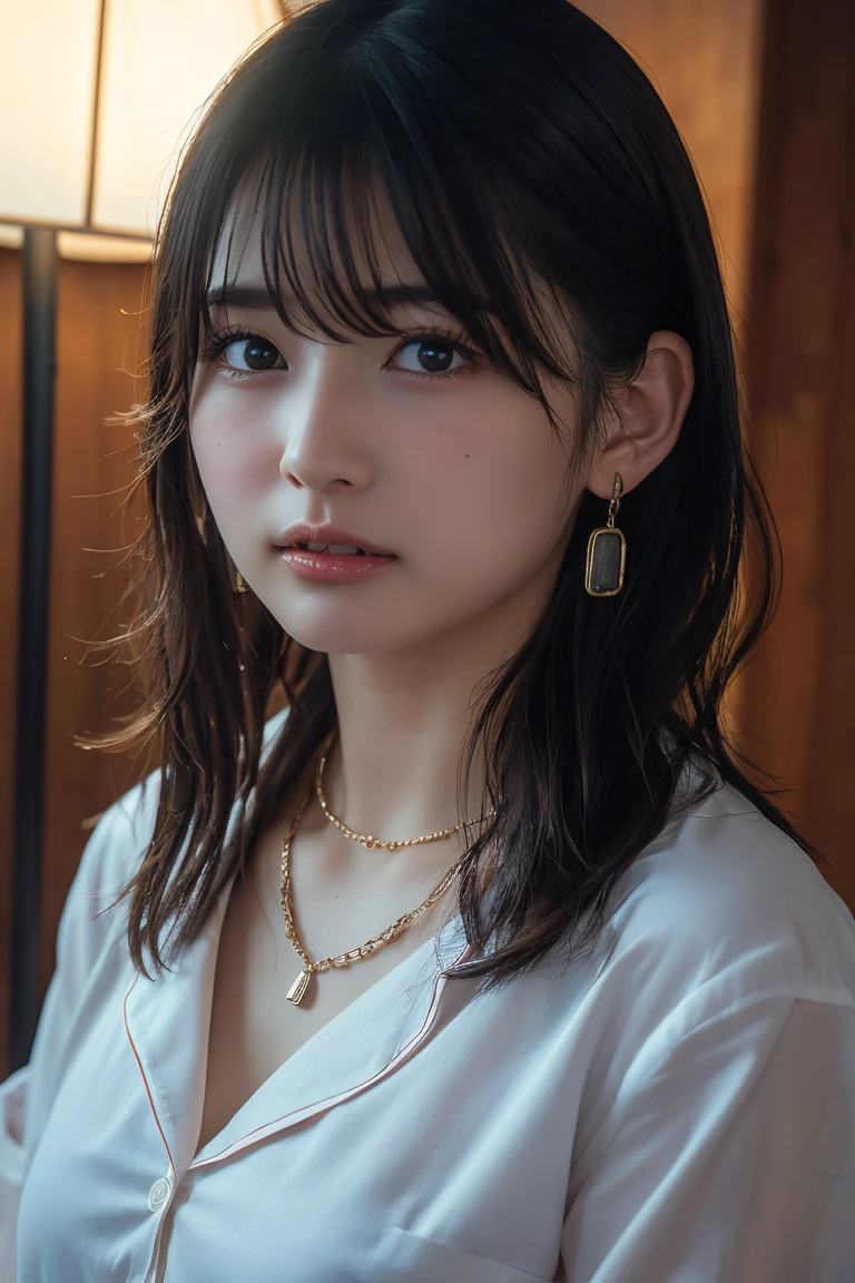 (Highest quality:1.4),(masterpiece:1.4),(Realistic:1.4),(Realistic:1.2),(超High resolution, RAW Photos:1.4),(High resolution, Ultra-detailed:1.2),(8k:1.2),View your viewers,Cinematic photography,One girl,skeletally correct,Black-haired woman,Woman in her early 20s,(Small earrings,necklace,Metallic Dresses),(Western-style building interior,Dimly lit room,The lamplight shines on my cheeks)