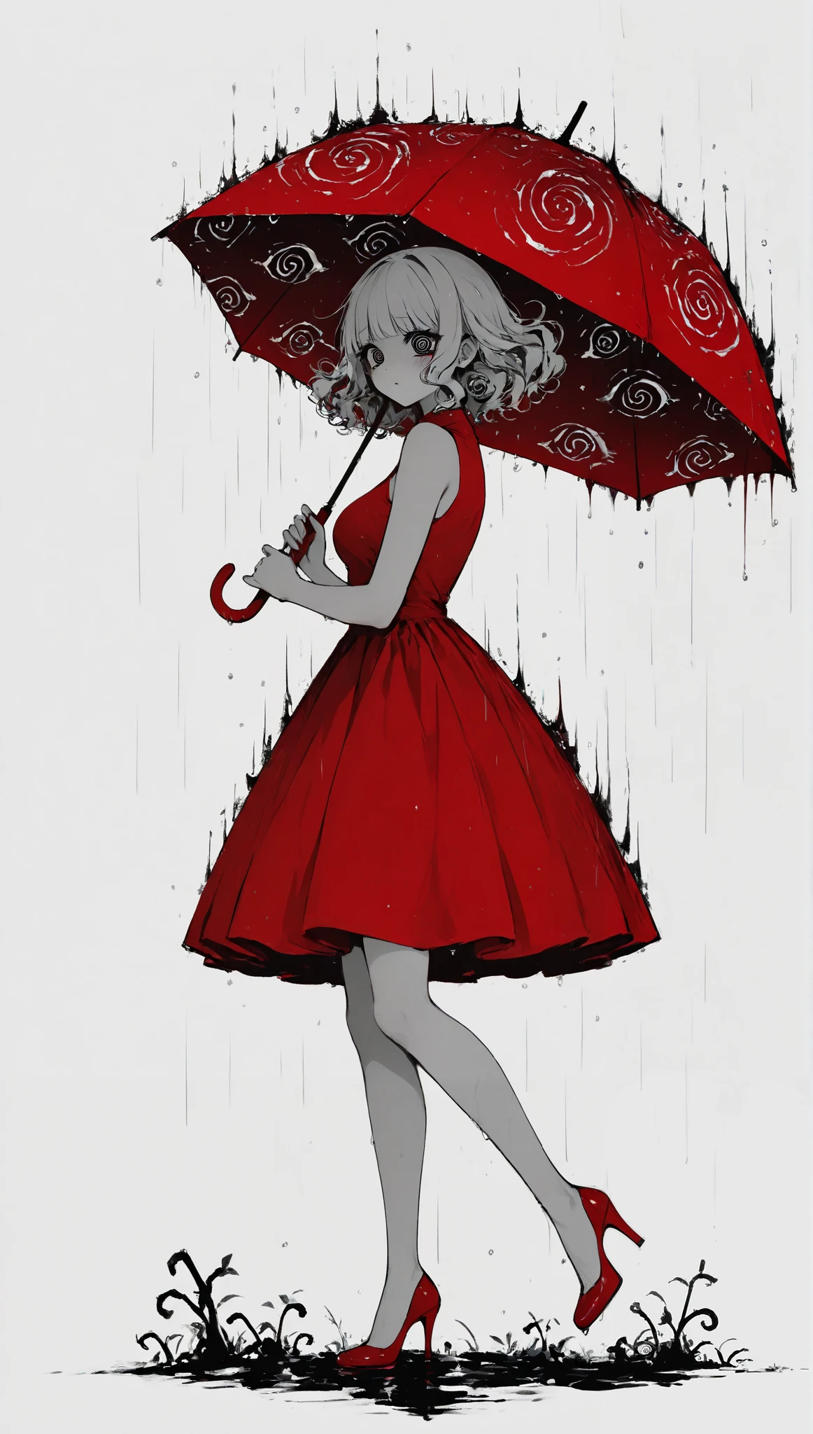 Line art,spiral eyes , red dress, umbrella,Lluvia roja, red heels ,a leg raised backwards