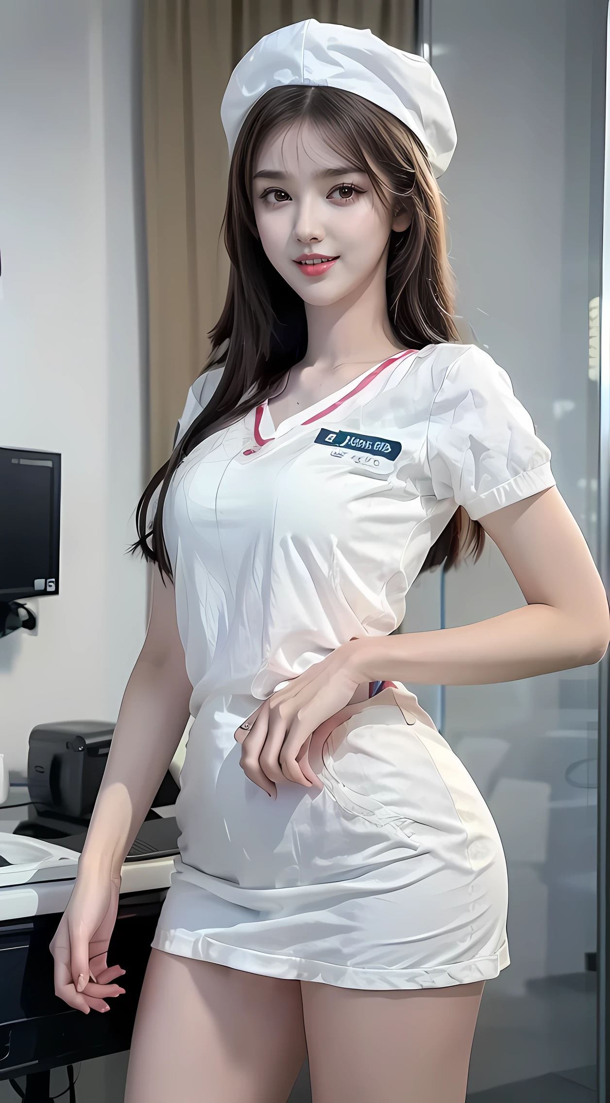,8K, Maste Piece, Raw Photo, Best Quality, Photorealistic, Highly Detailed CG Unity 8K Wallpaper, Depth of Field, Cinematic Light, Lens Flare, Ray Tracing, SexyEUASIAN, (Extremely Beautiful Face, Lips) Beautiful, beautiful eyes), intricately detailed face, ((super detailed skin)) 1 girl, 1 woman, nurse, nurse cap, pink wear, ((white leg wear, )), long hair, brown hair, red eyes, pink lips, shy smile, standing posture, ((hospital room)), sharp body, short sleeves, female, 25 years old, best quality, mastepiece、 Design: Nanase Nishino