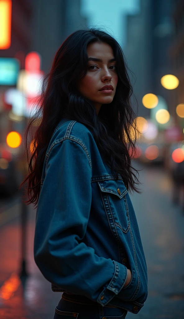 masterpiece, best quality, 1girl, long hair, blue hair, red eyes, collared shirt, raincoat, eyelashes, downtown, night, rain