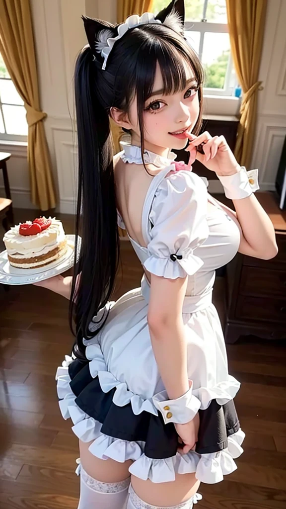 1 girl, small nose, very beautiful detailed face and eyes, bright colors, cute face, delicate beautiful face, Bright magenta eyes, cute eyes, sparkling eyes, Big eyes, (big breasts:1.3), (perky chest:1.1), (pointed chest:1.0), (cake magazine cover:1.3),highest quality, WorKs of masters, High resolution,BlacK color hair,shiny hair, side ponytail,hair between eyes,bangs, (black jacket, real clothes, cleavage, black skirts, black thighhighs, thigh strap, fingerless gloves, single glove:1.2) , spread legs, panties shot, medium hips, glamorous body, white skin, smile, thin pubric hair, super beautiful face, Super beautiful eyes, Super beautiful hair,trendy outfit,sexy and attractive,full body esbian, Real World, Natural light,perfect Natural light,(with sparkling eyes and a contagious smile), This masterpiece is not only visually stunning but also tells, make of cake cooking , in the kitchen, open mouth, looking at viewer,