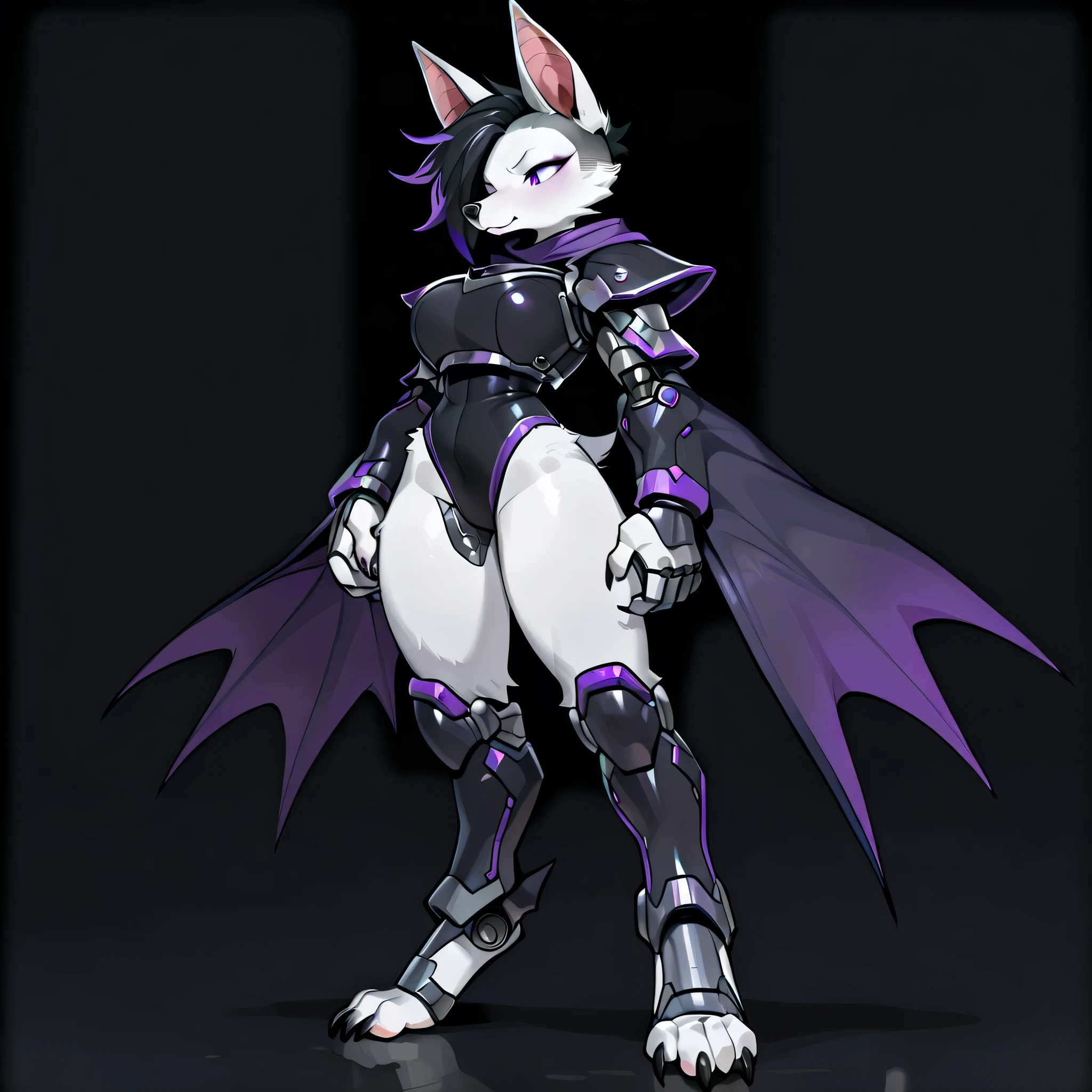 anime style, masterpiece, best quality, simple shading, full body picture, centered, three quarter view, 1girl, anthro, furry, fox female, ((white fox)), ((bat ears:1.5)), purple eyes, white fur, white skin, ((shoulder length black hair with purple highlights, undercut, undercut hair)), standing, large chest, tall with large breasts, bulky legs, black and purple wings, large dragon wings, white hands, whitefoot paws with four toes, black claws, black nose, digitigrade legs, digitigrade paws, big foot paws, ((wearing black robot armor with purple trim)), ((solid black background)), score_9_up, score_8_up, score_7_up, score_6_up, score_5_up, score_4_up, (safe content),