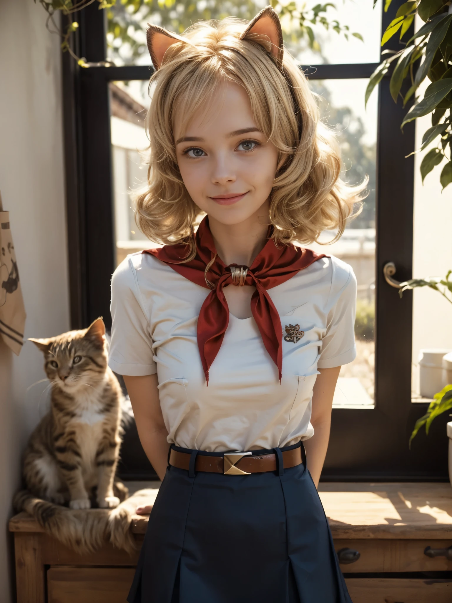 very young slim fit girl, full height, rounded face, (long curly disheveled blond hair:1.4), big blue eyes, shy smile, perfect medium breast, band on head with fake cat ears, monroe, pioneer neckerchief, short tight blue pleated skirt, bangs, tight white shirt, short sleeves, collared shirt, belt, (red neckerchief:1.3), breast pocket, solo, shy smile, Standing at attention, dynamic pose, clear light skin, 8k wallpaper, perfect lighting, masterpiece, lens flare, vibrant color