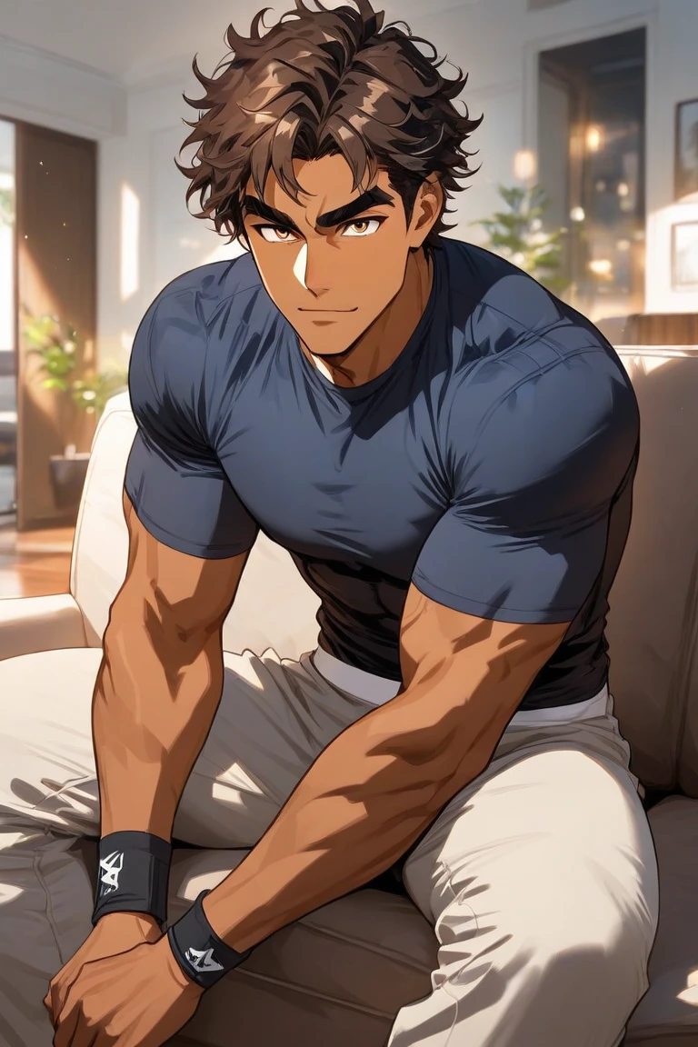 A handsome guy, dark tan skin, light brown messy hair, thick eyebrows, athletic physique, wearing a muscle tee, confident expression, sitting on a couch, looking at viewer, in living room background.