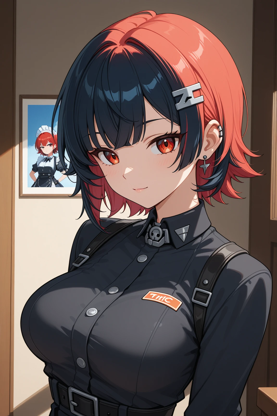 anime, Cyborg, Woman, big breasts, Nice ass, short red hair, leather jacket with short sleeves on a naked body, fingerless gloves, boots.