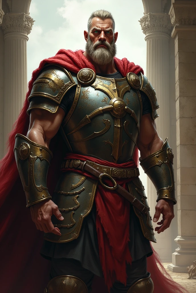 Tall, muscular, Old, Kratos, powerful, wearing a gold armor and a blue cape, standing on the battlefield, Realistic, Full HD, best quality