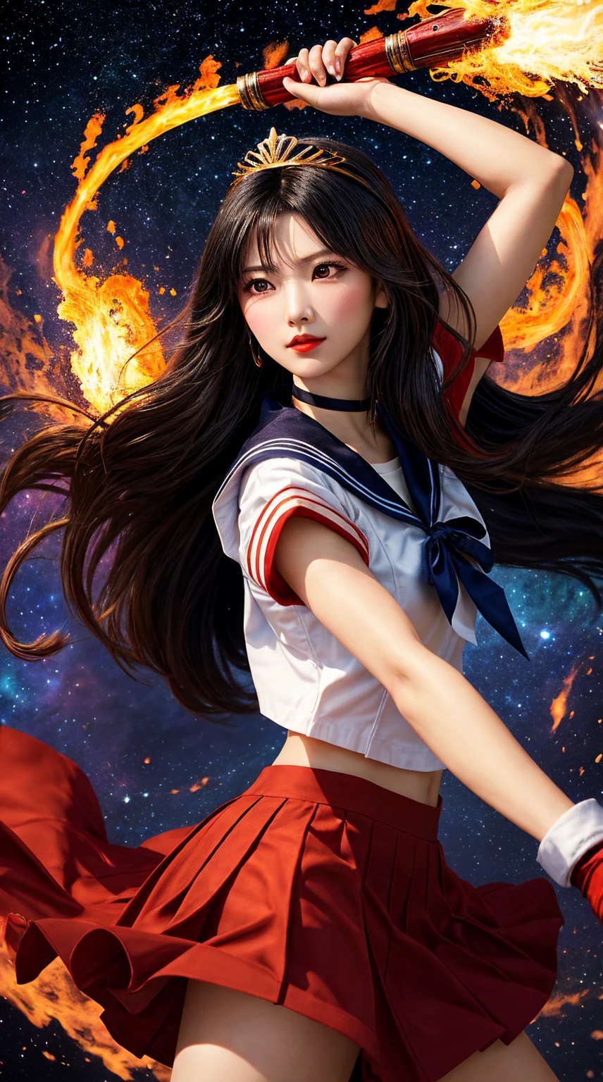 A rei Nano that matches the original painting of Sailor Moon, Mari Mars Hono, full body, Japanese sailor suit, white V-neck top, high-waisted red short skirt, skirt covering ass, flesh-colored oily stockings to waist, white combat gloves, warrior attire, short top, , gold trim, star brooch, front split design, red bow on head, combat gloves, white high boots, shin guards with flame pattern, belt detail, high-quality texture, bright colors, original manga character setting, small man's waist,, golden ratio, Tall and long legs, vivid expression, charming eyes, delicate and soft skin, long black hair, dynamic hairstyle, smoky makeup, colorful background, shining starry sky, gorgeous city landscape with rich colors, HD details, exquisite rendering, three-dimensional, realistic image, use of light and shadow, watery eyes, (sword eyebrows: 0.1), (high nose bridge: 0.6), (smile: 0.6), long red hair, (big breasts: 1.1), red eyes, sexy, (big buttocks), sheer cardigan, slim, (masterpiece: 1.2, superb), realistic, skinny, 22 years old, mixed, (real shot, fine crafted, depth of field), (1girl, solo), makeup, noble, elegant, blush, dignified, proud, confident, (fair and shiny skin), mature, (thin), (big ass :1.3), bonny, (small mouth), black super long hair, wet body, red bow on clothes, gold headwear, ultra high definition, 8k, best light and shadow, best shadow, depth of field, lots of colored bubbles, elevation view, long leg visual effect, (extended leg: 1.2), perspective enhancement, kicking action, fire light special effects, seaside, sunny day, water ripple refraction, character standing in the dojo
