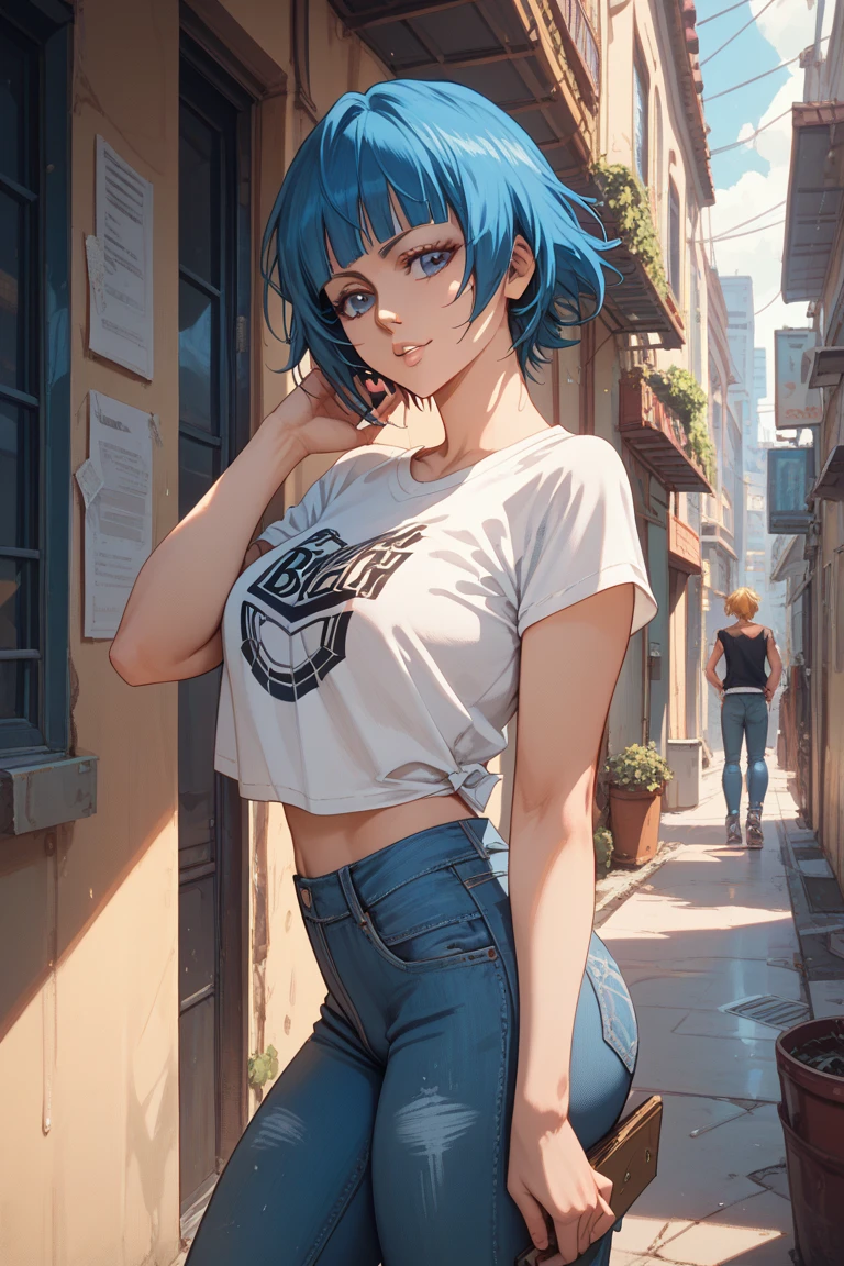 Walking down the street、There is a woman with headphones, sideboob barbosa, wearing bra, in a tokyo street, cleavage, over the shoulder closeup, candid shot, Over - Shoulder - Shot, Shot over the shoulder, over shoulder shot, over the shoulder shot, over the shoulder view, blue tight t-shirt, ​masterpiece, top-quality, hight resolution, dragon balls, blmmid, aqua hair, Medium hair, bluntbangs, red hairband, medium breasts⁩, The shirt, skirt by the, cowboy  shot, Indoors, is standing,