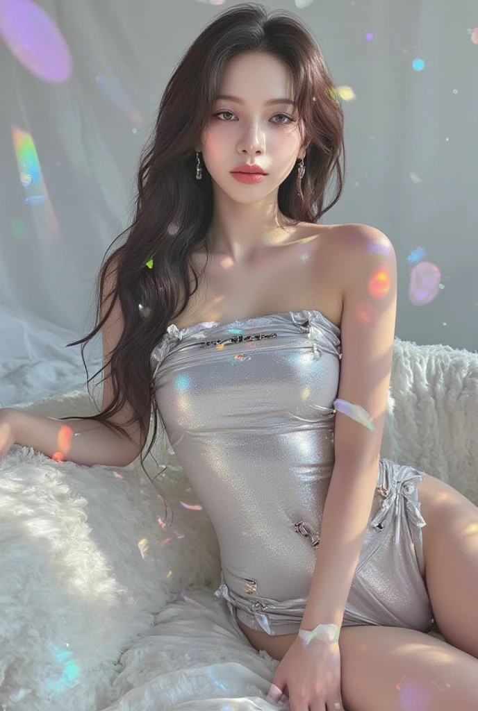 ((Best quality, 8K, Masterpiece:1.3, 1 girl, Beautiful girl)), highres, Cute, Dynamism, Detailed face, Detailed skin, Detailed eyes, Detailed lips, Photorealistic, Raw photo, Natural lighting, perfect anatomy, dynamic pose, round buttocks, toned legs, double eyelid, tear bags, round eyes, moist lips, silver body, ((silver liquid on the naked body:1.3)), silver liquid dripping down from the body, silver hair, smile, silver background, silver paint, silver ink, japanese girl, silver liquid, chest, colorful liquid, (gorgeous silver dress with detailed lace:1.2), thighs, cum on breasts, ((silver flowers background))