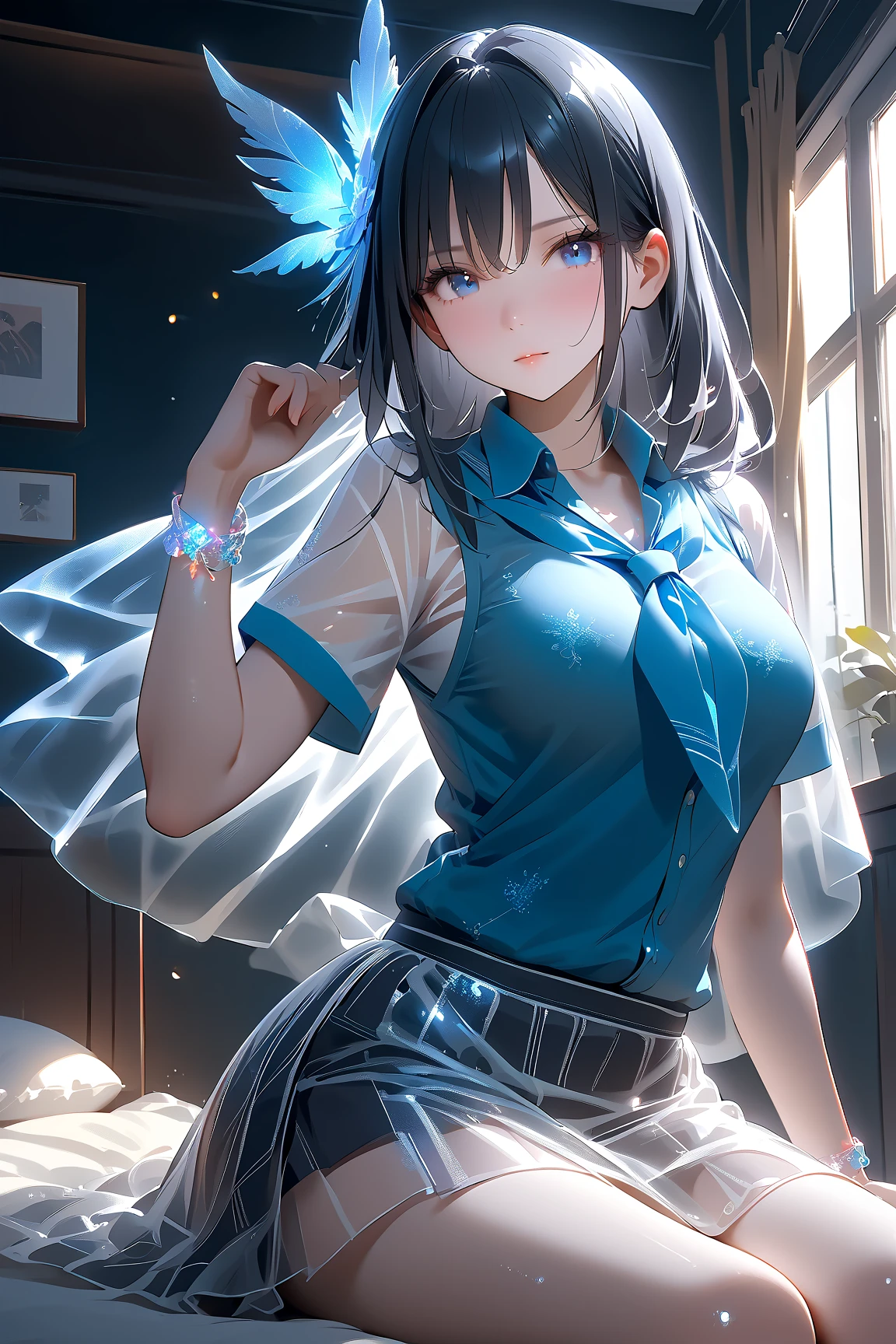 Masterpiece、最high quality、high quality、High definition、High resolution、High detail、Lens flare、Ray tracing method、high qualityの質感、high qualityの影、Beautiful details、Detailed and delicate、Detailed texture、Realistic facial expression、Realistic and colorful、Delicate、Cinematic Light、Side light、Sharp Focus、(1 woman:1.3)、(Intricate details、Makeup、Pure Eros Face_v1:0.5)、(Details Beautiful delicate face、Detailed beautiful delicate eyes、Perfect Facial Proportions、Detailed skin、Charm)、fancy hairstyles、Beautiful bangs、(Two-tone gradient hair color)、slender、(Upturned beautiful breasts)、Raise your arm and make a peace sign、Detailed crotch、Female juice、(Experiencing the best orgasm)、Light-colored V-cut、Light-colored thong、Thigh mini skirt、Low-rise mini skirt、Front-button short-sleeve shirt、Crop top、See-through、Low-angle composition