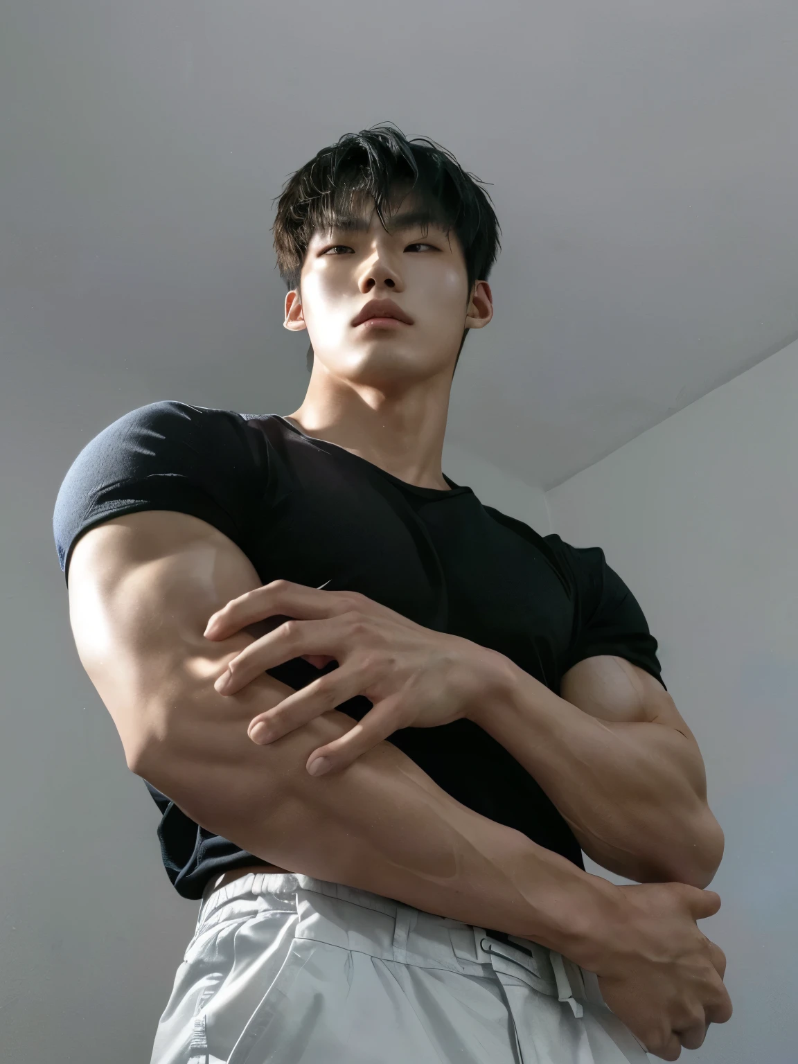 there is a man standing in a room with his arms crossed, south korean male, korean muscle boy 2 , wonbin lee, hyung tae kim, asian male, hyung-tae kim, hyung - tae kim, hyung tae, jinyoung shin, ryan jia, depressed dramatic bicep pose, elongated arms, yanjun chengt, cai xukun