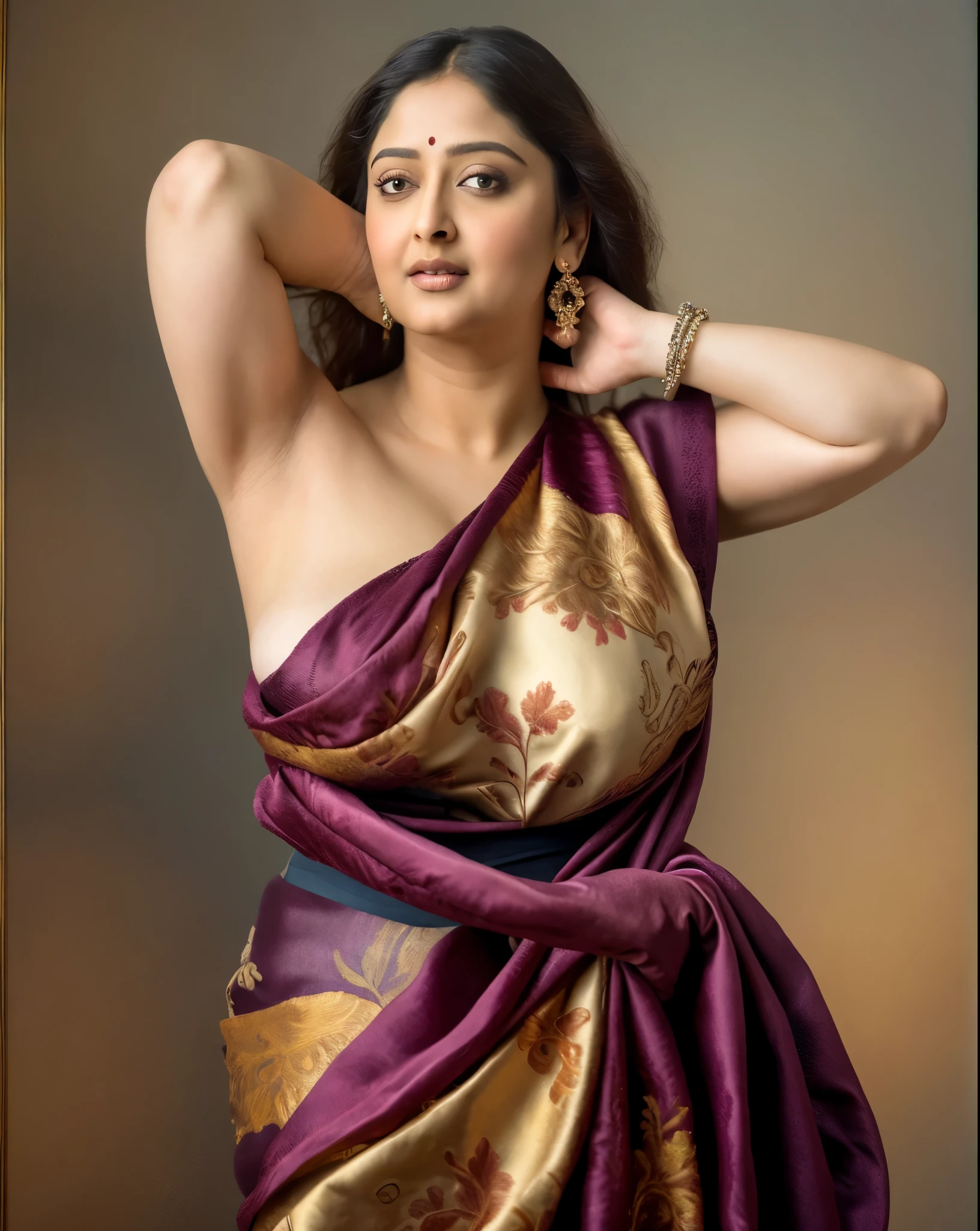 Beautiful Indian Woman, wearing saree, sari Beauty, gorgeous, Apsara, Maharani, royal queen woman, nymph from Hindu Mythology, Urvashi, matchless beauty, Highly detailed, Oil Painting by Peter Paul Rubens inspired by Raja Ravi Varma, Matchless beauty, captivating, gorgeous, heavenly beauty, celestial beauty, by Peter Paul Rubens, 1893, realistic, hyper realistic, micro details, incredible artwork, insane details, ultra High resolution, 8k, 32k, acrylic on canvas, intricate, flawless, detailed, detailed face, detailed eyes, masterpiece, by Peter Paul Rubens, by Caravaggio, by William Adolphe bouguereau, perfect face, perfect body, beautiful art, realism, baroque, renaissance Art, highly textured, beautiful and detailed eyes, uhd, best quality,