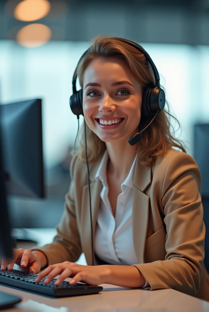Lady with headphones and microphone wearing a full sky blue customer service shirt answering a call, sharp image, Hair with a bun