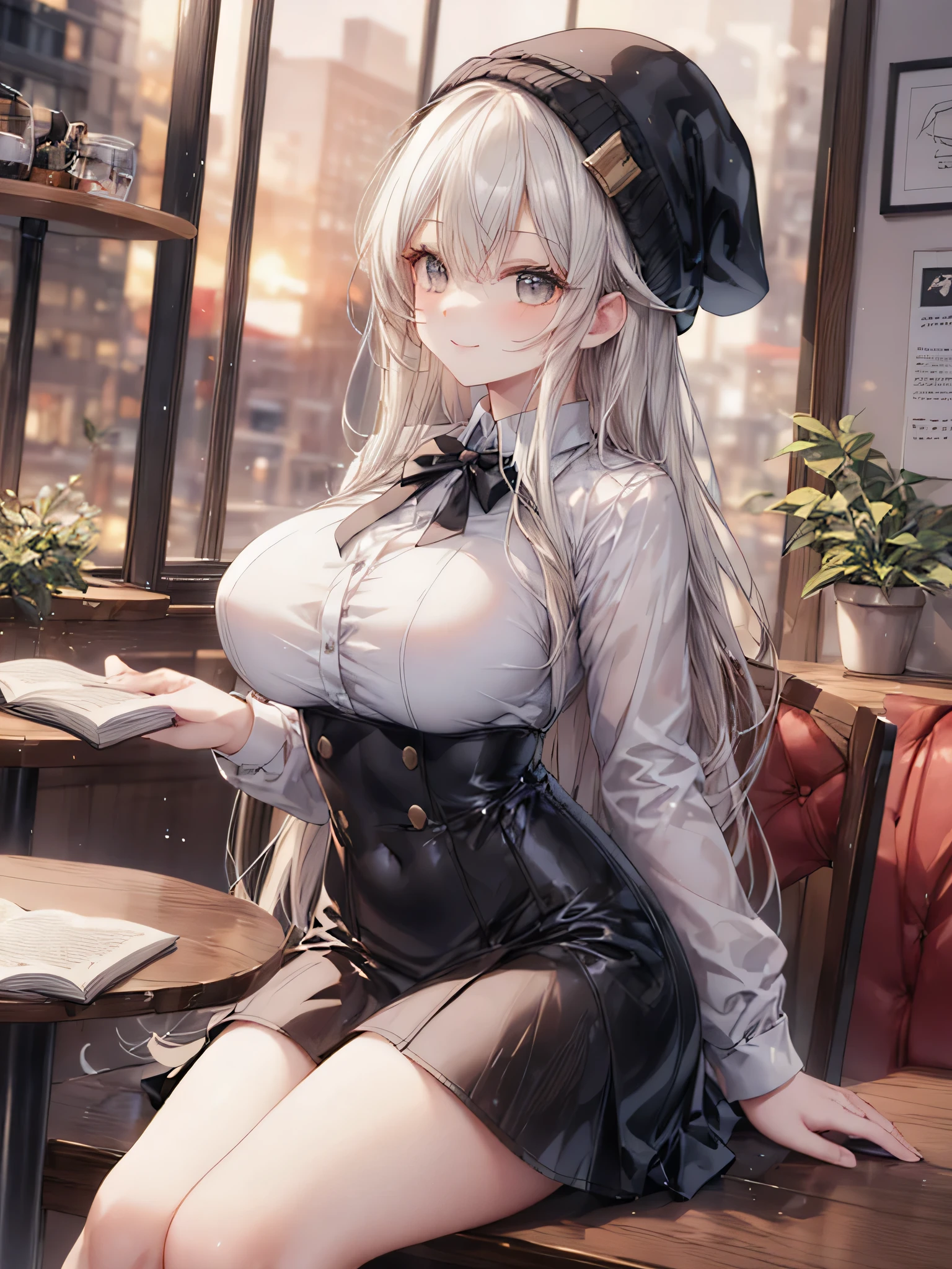 blue eyes, whole body, sit on the chair, cafes, silver hair, long hair, hair behind ears, Wear goggles on your head, colorful eyes, faint smile, Grinning, anime style, cubismo, high detail, Surrealism, Ray tracing, Stereo view, high resolution, 1080P, 4K, Award-winning, high details, high quality, best quality
