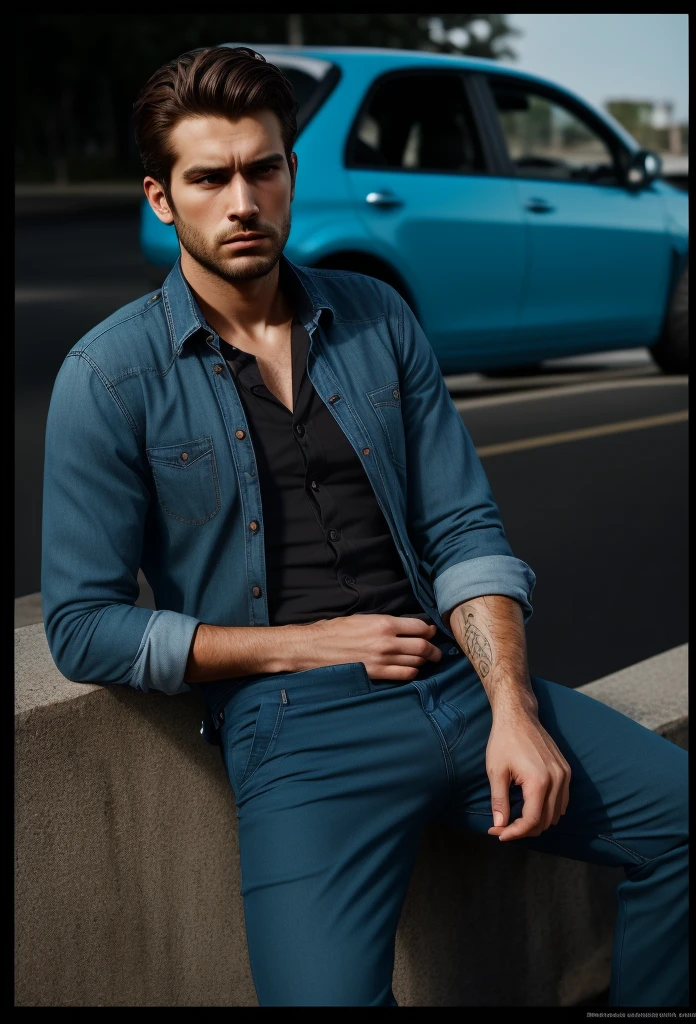 create a handsome man. He is lean and well-built, with slicked-back straight brown hair, blue eyes, and a well-groomed medium beard. His usual outfit is a blue button-up shirt, black dress pants and a black vest.
