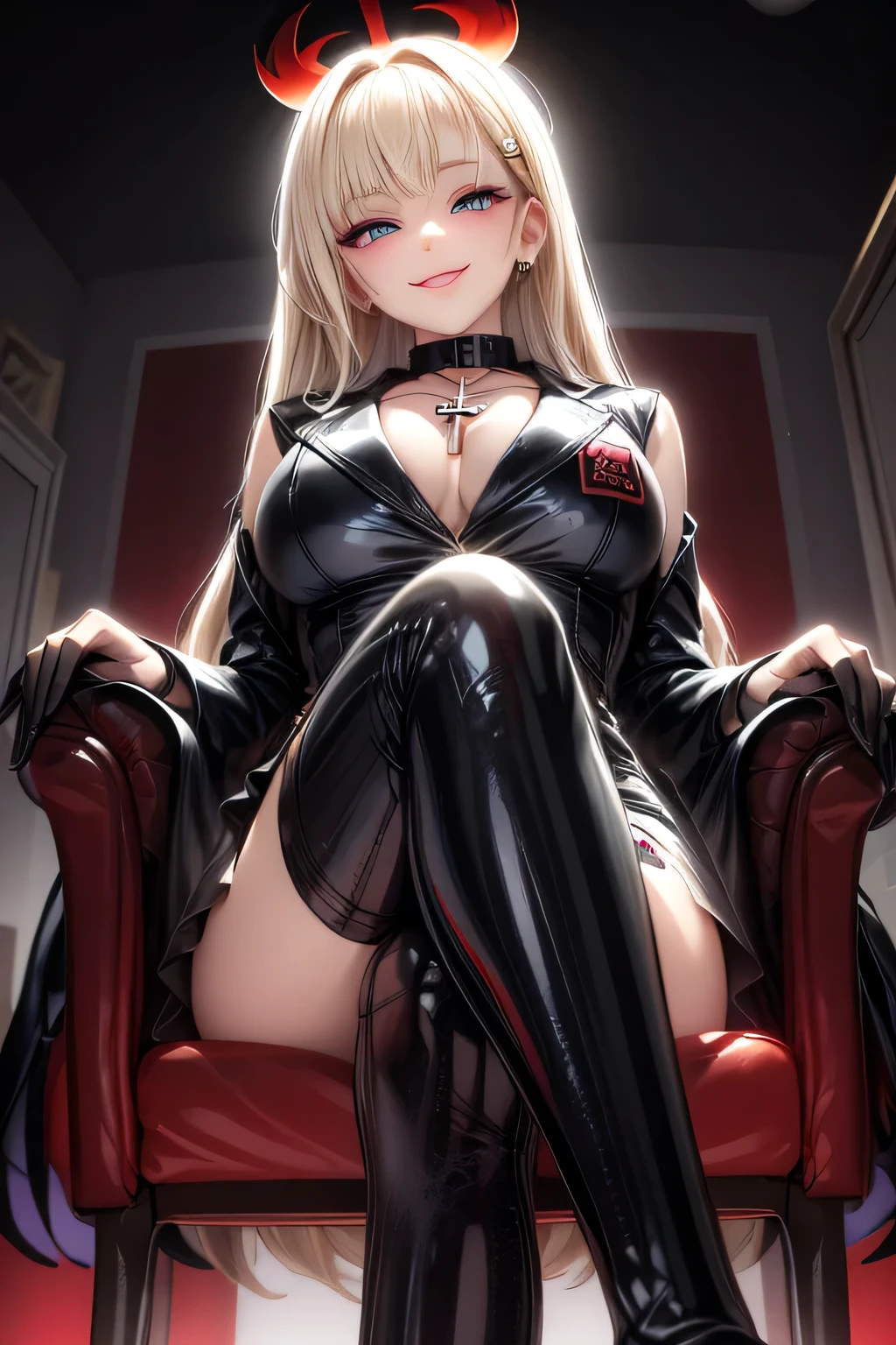 (best quality,4k,8k,highres,masterpiece:1.2),ultra-detailed,(realistic,photorealistic,photo-realistic:1.37),HDR,UHD,studio lighting,ultra-fine painting,sharp focus,physically-based rendering,extreme detail description,professional,vivid colors,bokeh,portraits,gothic style,grayscale color tones,soft lighting, NSFW, topless, bottomless, fully naked,exposed breasts,confident expression,provocative pose,heavy eye makeup,thick eyelashes,perfectly defined eyebrows,seductive lips,pale complexion,curvaceous body,fit and toned physique,blonde long flowing hair,artistic black and white background,dominant and alluring aura,sexy heels,high heels,bold accessories,high contrast visuals,subtle shadows and highlights,subdued colors,sublime atmosphere,mysterious vibes,sensual composition,enhanced cleavage, exquisite ass,emphasis on body curves,exquisite details on clothing and accessories,meticulous attention to skin texture and details,tantalizing gaze,hauntingly beautiful,exuding confidence and power,irresistible magnetism,impeccable composition,visually captivating,unforgettable artwork, holding a whip, thigh high leggings, naked breast exposed, big cameltoe, visible cameltoe,oiled up, NSFW