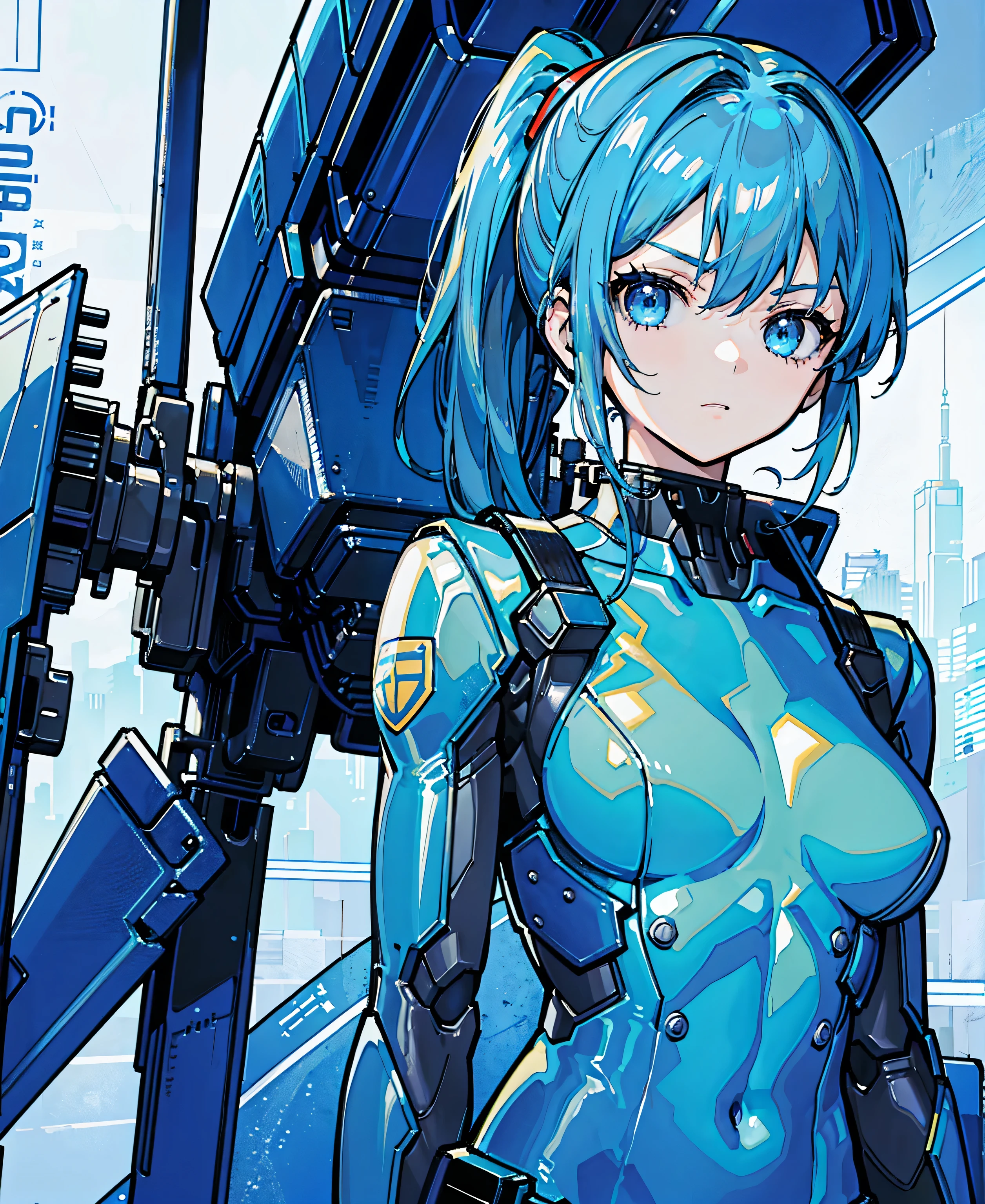 Blue Hair、Masterpiece、Best Quality、1 girl、Medium breast、((Album cover))、Light on Face、Slim Body、Blue Costume、Exoskeleton、metal Gear、Cyberpunk Style、ponytail、The Gundam pilot、attention arousal,Ride a fighter