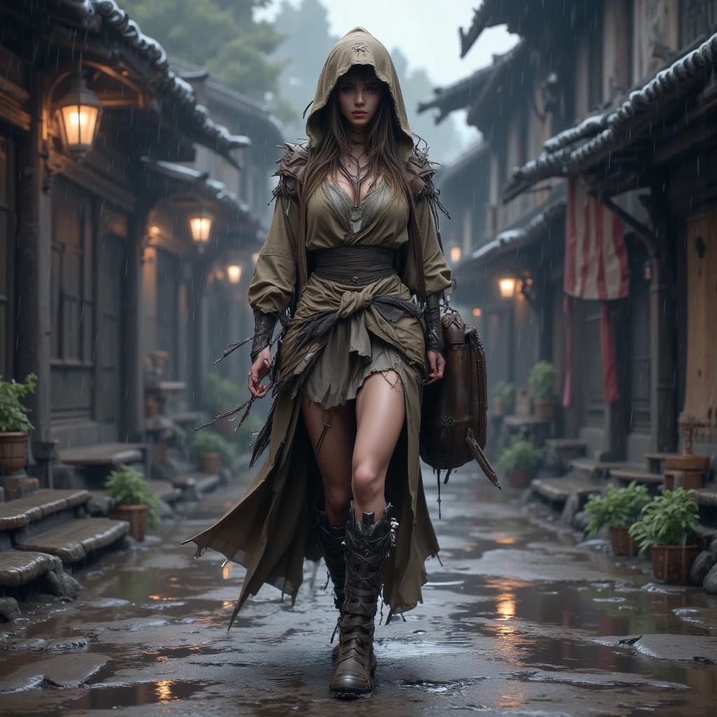 The elf stands and looks at the camera, holding an umbrella in his hand;, A girl stands at a fair in the rain, blue eyes and dark hair, pony tail, face mask, wet clothing, dark sky, Thin, Wet waist, Slender figure, Appearance of the model, confusion, sexuality, pixie, elf ears, Beautiful ears, green colored eyes, little chest, wet clothing, (Clothes shine through), (visible through clothes), Elf Girl, Sweet girl, attractive anime girl, beautiful anime girl, Cute beautiful anime woman, detailed digital anime art, beautiful anime girl, beautiful anime girl, Anime with small details, Best Quality, Masterpiece, Ultra-detailed, Beautiful, hight resolution, Original,CG 8K ультрареалистичный, perfect artwork, beatiful face, Face Clean, Skin, hyper realistic, Ultra Detailed, A detailed eye, dramatic  lighting, (Realistic) Realistic, Full HD, Best Quality, Best Quality, Beautiful lighting, (8k wallpaper of extremely detailed CG unit), High Details, sharp-focus, The art of dramatic and photorealistic painting, beautiful smile, You can see the chest, naked breasts, naked ass,