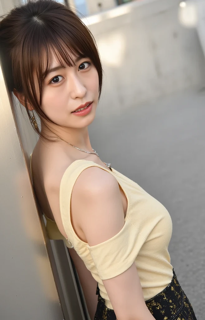 masterpiece、1 beautiful girl、Detailed eyes、Puffy eyes、Highest quality, 超High resolution, (Reality: 1.4), Cinema Lighting、Japanese、Asian Beauty、Korean、Super Beauty、Beautiful Skin、Slender、Body facing forward、(Surreal)、(High resolution)、(8k)、(Very detailed)、(Beautiful and detailed eyes)、(Ultra-detailed)、 (wallpaper)、Detailed face、Bright lighting、Professional Lighting、View your viewers、Look straight ahead、The outfit is a clean light orange shirt and dress.....、46 point diagonal bangs、Night Scenery、Brown Hair、Nogizaka Idol、Korean Idol、Gravure idol pose、、Age 25、expensive,
