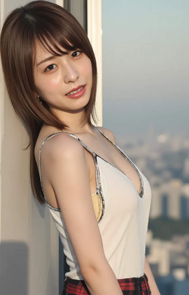 Highest quality、8k wallpaper、Reality:1.4、Cinema Lighting、View your viewers、background:urban office district（Outdoor）、1 beautiful girl、Japanese Idol、30 years old、Beautifully detailed eyes、Detailed face、Beautiful Skin、Slender、Slim waist、Thin legs、Red lipstick、Fancy hairstyle:1.5、The sunlight hits her hair and it shines golden、Profession：secretary、smile:1.2、Big Tits