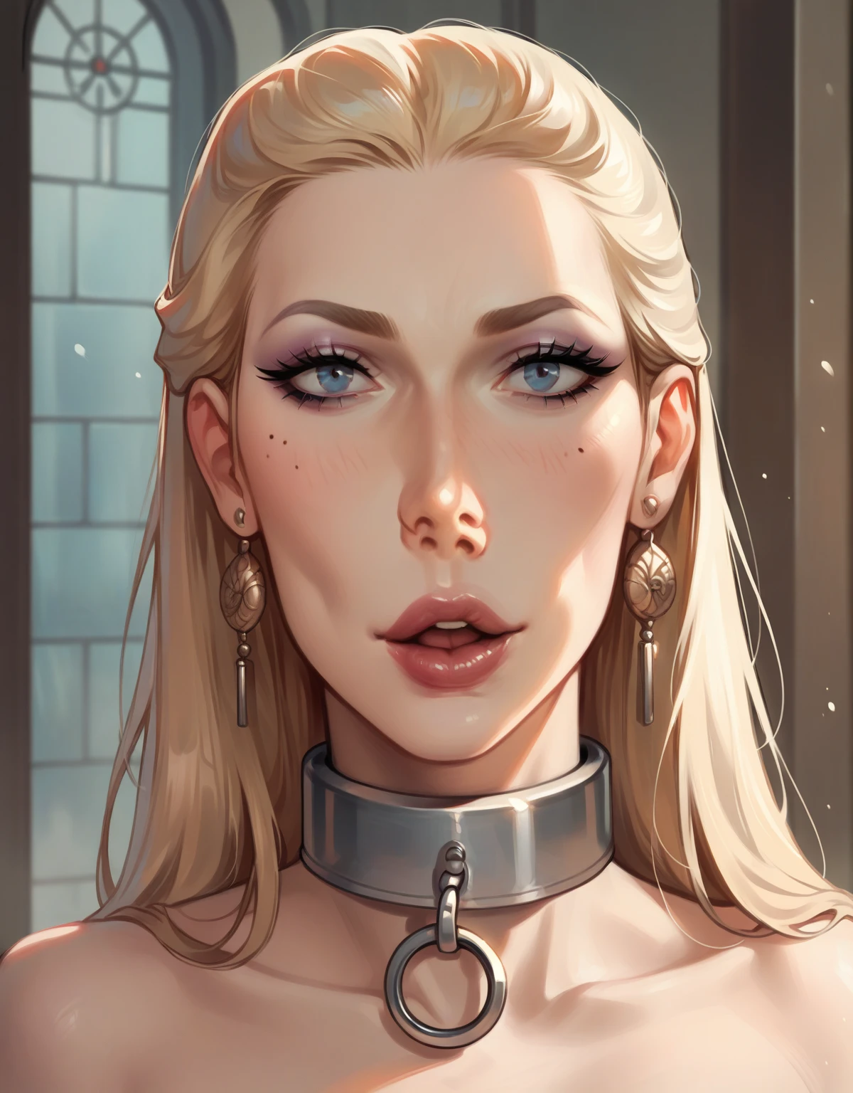 photorealistic woman, age 40, european, blond hair,large busty, nude, hairy, in heavy collar and wrist chains in a medieval torture dungeon, raw photo, cinematic material, masterpiece, wideview, high detailed, high quality