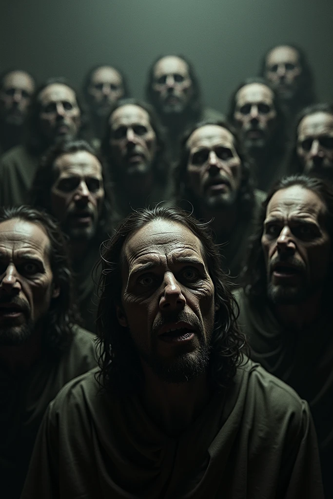 group of people hanging on to a cross, crucifixion, uncontrollable laughter, open mouths, arafed painting, detailed eyes, detailed lips, extremely detailed faces, tension, twisted figures, religious symbolism, pain, suffering, dark atmosphere, dramatic lighting, intense emotions, profound expressions, textured brushstrokes, oil painting, high contrast, chiaroscuro, monochromatic color scheme, intense shadows, haunting, emotional turmoil, agony, despair, sacrilegious, disturbing, eerie, unsettling, somber, thought-provoking, macabre, powerful storytelling, religious iconography, social commentary, controversial, artistic masterpiece, high resolution, ultra-detailed, realistic, vivid colors, vivid emotions