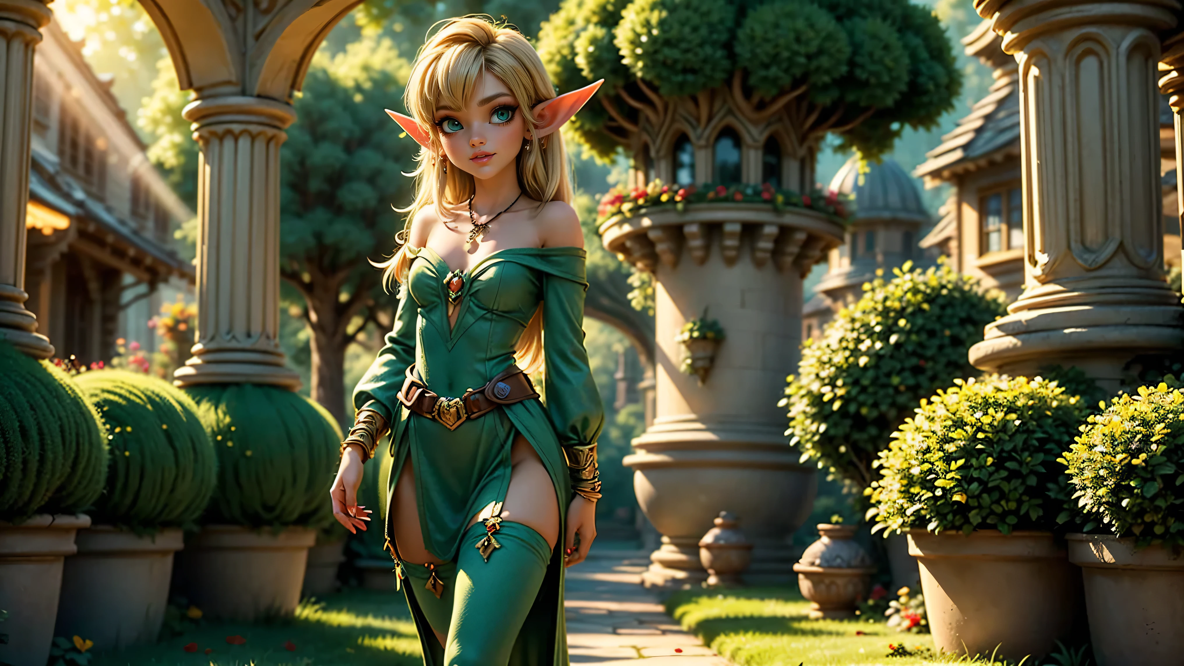 ((young woodland warrior elf girl)), ((walking through a woodland village)), ((multiple male elves turning to look at her)), ((elf girl focus)), long hair, small pointy ears, ((round breasts)), thigh-highs, formfitting eleven clothes, tight clothes,  ((looking at viewer)), ((green eyes)), ((beautiful day)), ((smiling)), Perfect body, beautiful, young, tempting, alluring, jewelry, necklace, off shoulder, ((skinny)), ((petite)), ((small)), flirting with camera, Best Looks, ((fantasy castle in the background)), beams of sunlight, fantasy