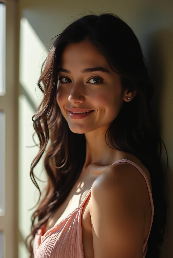 Create a portrait of a radiant woman with flowing locks and a radiant smile, basking in the warmth of a sunrise