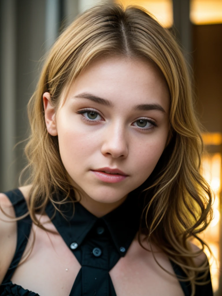 (realistic), detailed background, Teen girl, blonde, with earrings , bloodied lips and nose , furrowed expression, blonde styled hair, button nose, green almond eyes, 80's outfit