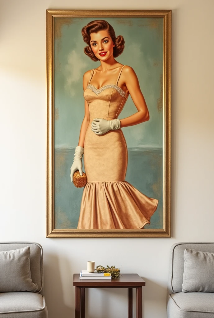 1960, mid century modern decor, illustration by pin-up style Fiona Stevenson, Charlize Theron in 1960.,  in a housewife&#39;s courant dress, high heels and a light-colored hairstyle., sitting in the living room in erotic stockings