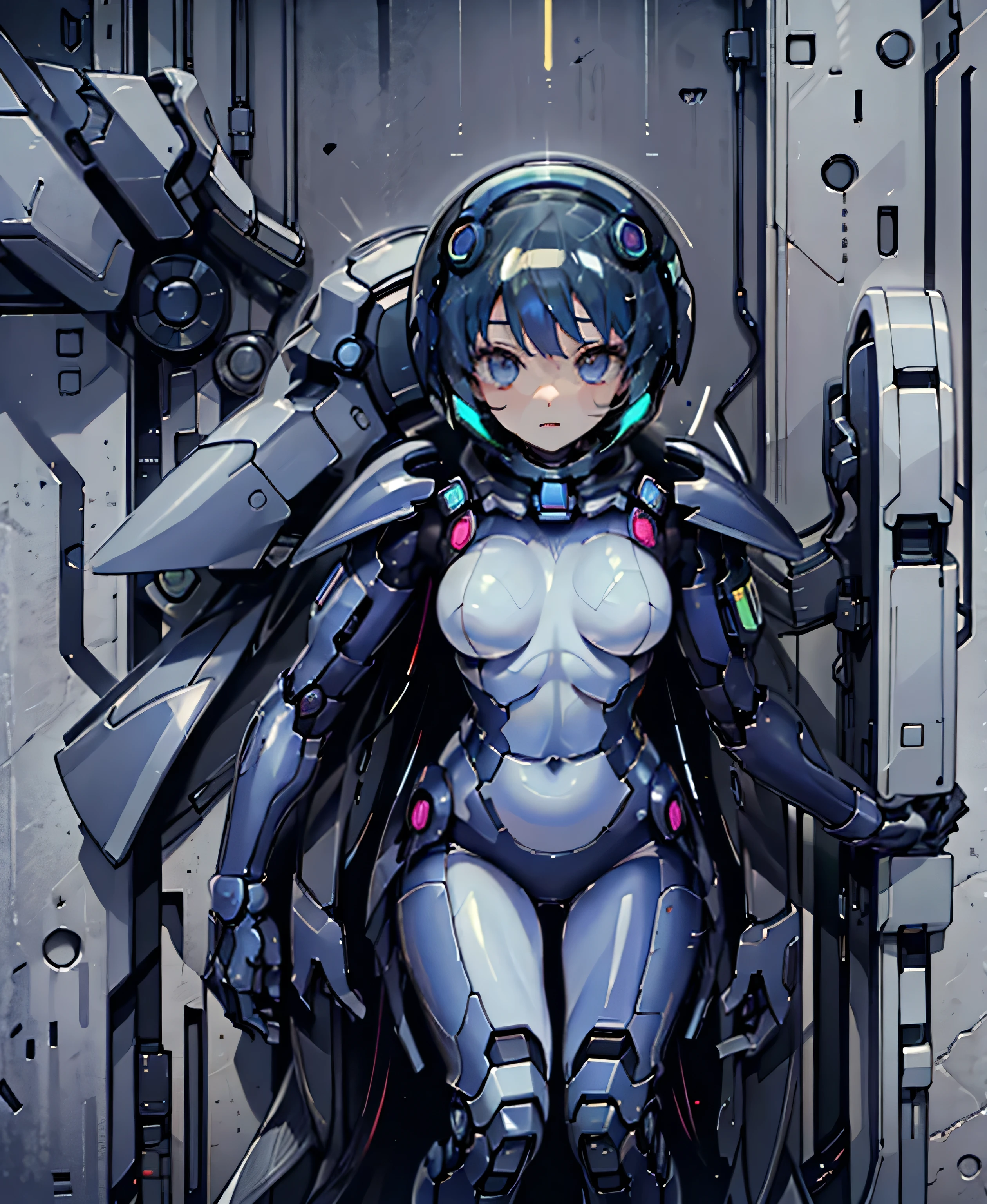 blue hair、masterpiece、Best Quality、1 girl、medium breasts、((album cover))、light on face、Slender Body、 blue costume on the chest、exoskeleton、Metal Gear、cyberpunk style、Gundam Pilot、jump、helmet
