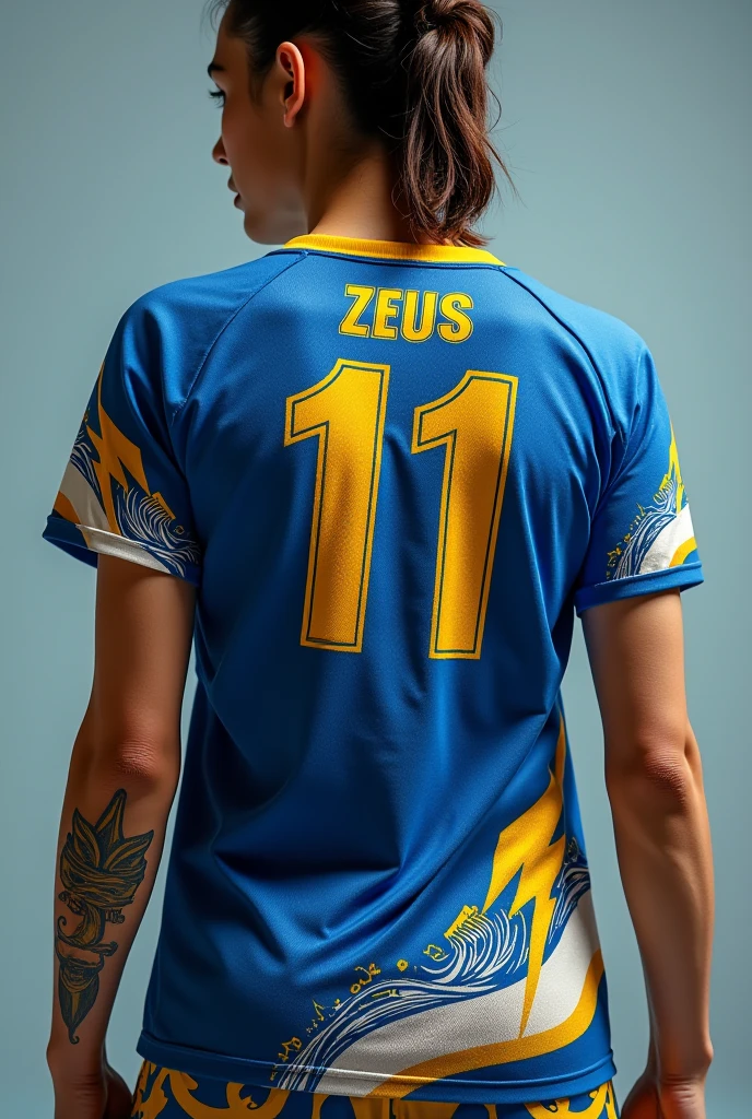 Woman turning her back with short hair, with the Colombian national team shirt, stamped with Leidy&#39;s name. Inside a football stadium 