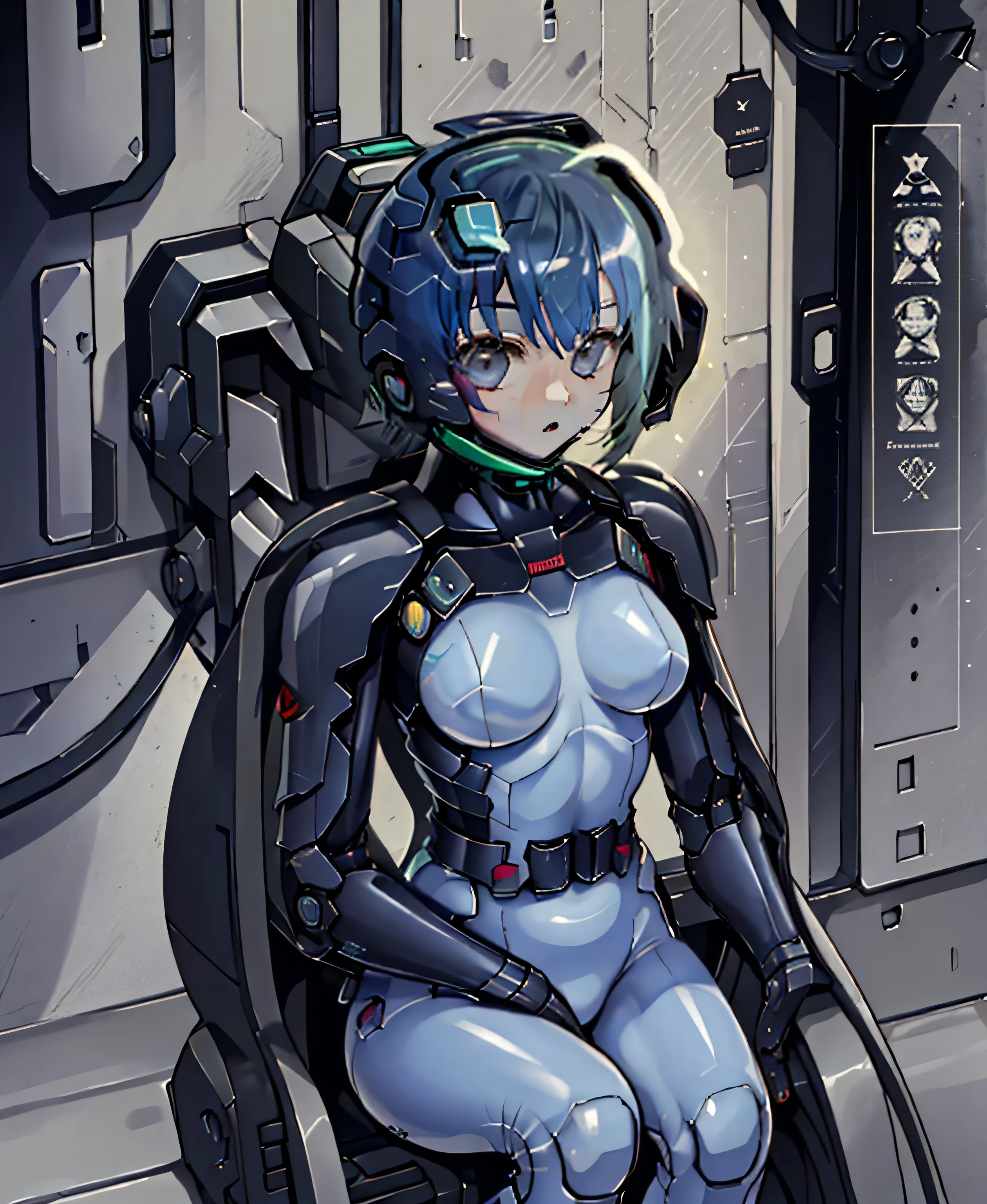 Beautiful young girl with blue short hair, A light smile, Brown eyes, hair clips, lips, Stud earrings, Semi-rimless eyewear, , Big butt but small breasts, (Highest quality,4K,8K,High resolution,masterpiece:1.2),Very detailed,(Realistic,photoRealistic,photo-Realistic:1.37),Very detailed顔, Very detailed目と顔, Long eyelashes, Beautiful attention to detail, beautiful detailed lips, Concept Art, Cinema Lighting, Vibrant colors, hyper-Realistic,((naked))(Glasses)((Inside the spaceship))((Round ass))((naked、Nipples))((Open up))