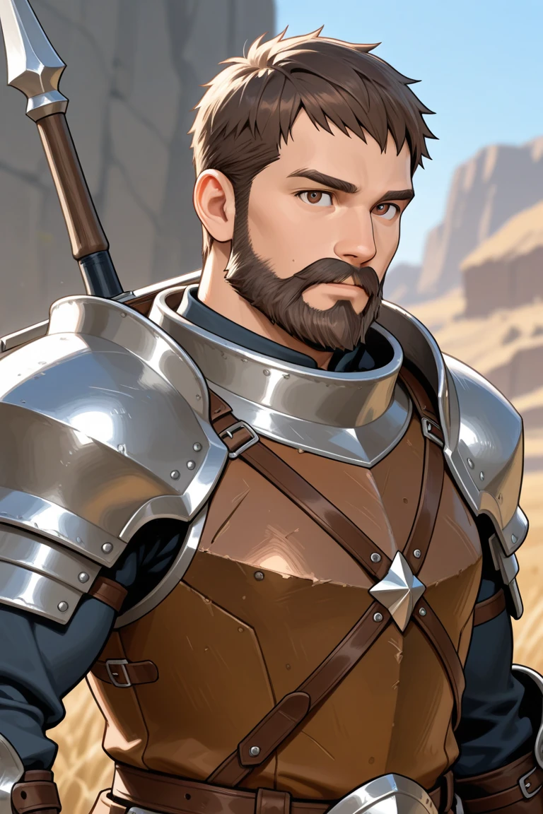 ((best quality)), ((masterpiece)), ((realistic)), handsome man, (((full plate armor))), (((black clothes))), brown hair, intricate details, highly detailed, sharp focus, digital render, professional, 4k, artstation, artgerm
