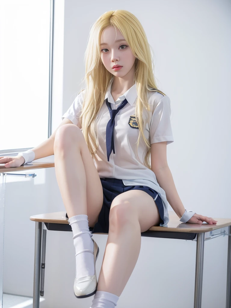 Her windblown blonde hair obscures her pretty face..、Bangs that flow between the eyes、Sexy big 、16 year old cute little smile、Shiny, bright, straight, super long blonde hair、Cute and beautiful long, smooth bangs covering the area between the eyes、Long, straight, silky hair、sexy and cute beautiful young girl、clear, white and Shiny skin、Shiny skin、Beautiful Face、Beautiful brown eyes that shine so brightly、Very big eyes、Small Face Beauty、Perfect beauty、（Full body 2：1）、（high school girl）、Squatting on the steps of the park、Shot from below、uniform、Sailor suit、Short sleeves、Navy blue short skirt、Navy blue knee socks、Leather shoes、Her white pants are slightly visible、Sexy pose、gravure、 information
