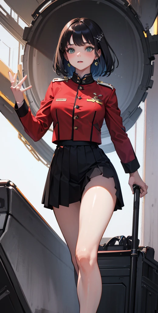 highest resolution, woman, posing, small size, black hair, double braided hairstyle, bang bang, green eyes, red glasses, in formal dress, uniform, white coat, sexy dress, make a dark face, warship, aircraft carrier, in the future, science fiction, warplane, space, war war, semi-realistic, realistically detailed, woman, small, black hair, short bob haircut, bangs, black eyes, government clothes, uniform, white outerwear dress, red underwear, underwear, serious face, serious, air force, war, government agency, war, science fiction, space